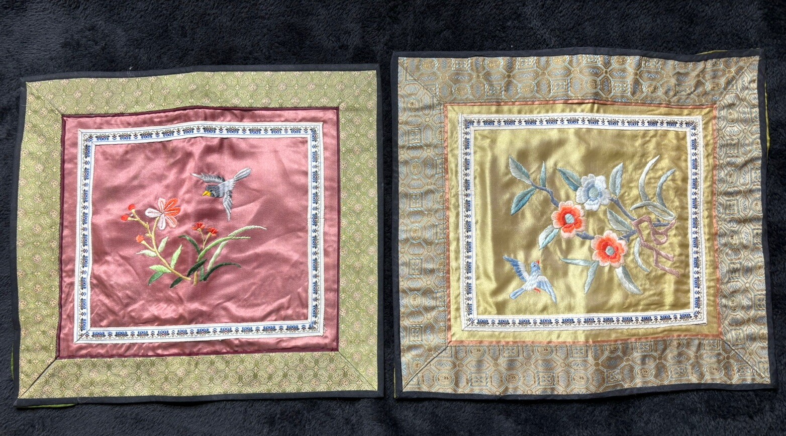 Vintage Hand Embroidered Silk Panel Set With Birds and Flowers 11 1/2” X 10 1/2”