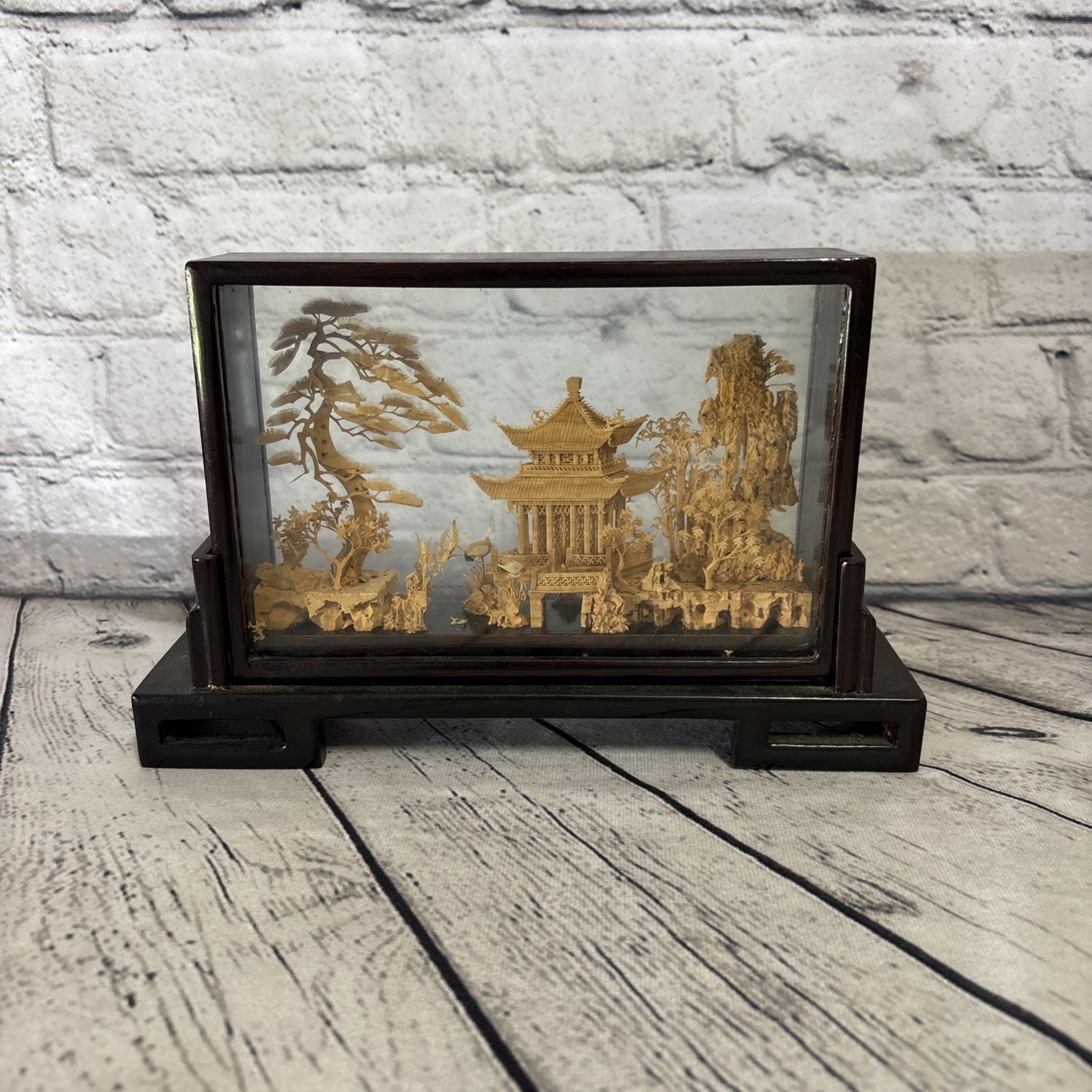 Vintage Hand-Carved Chinese Cork & Wood Sculpture Encased In Shadow Box W/Stand