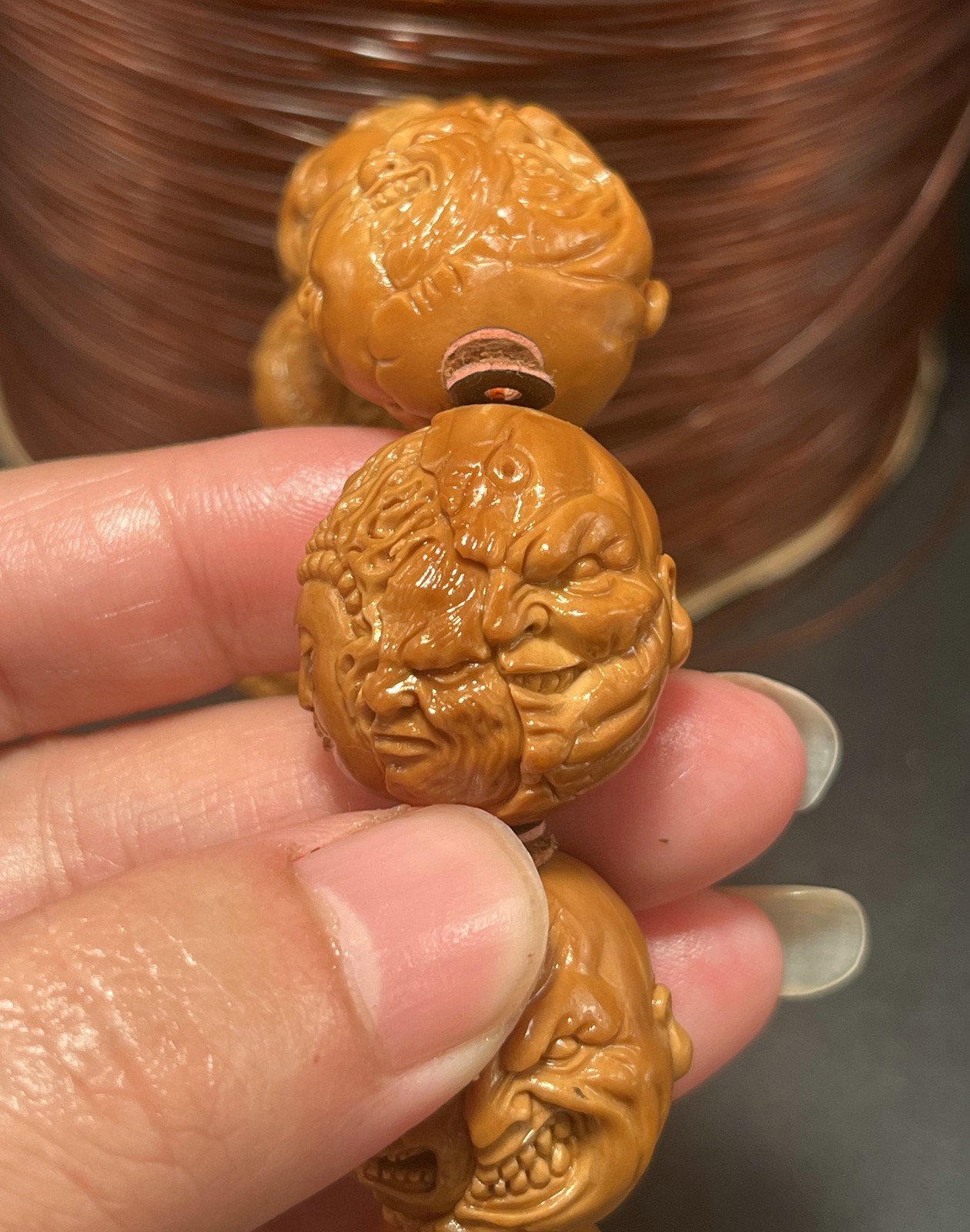 Large Olive Dentoliva Deep Relief Carving “Good Vs. Evil” Fierce Monk Bracelet