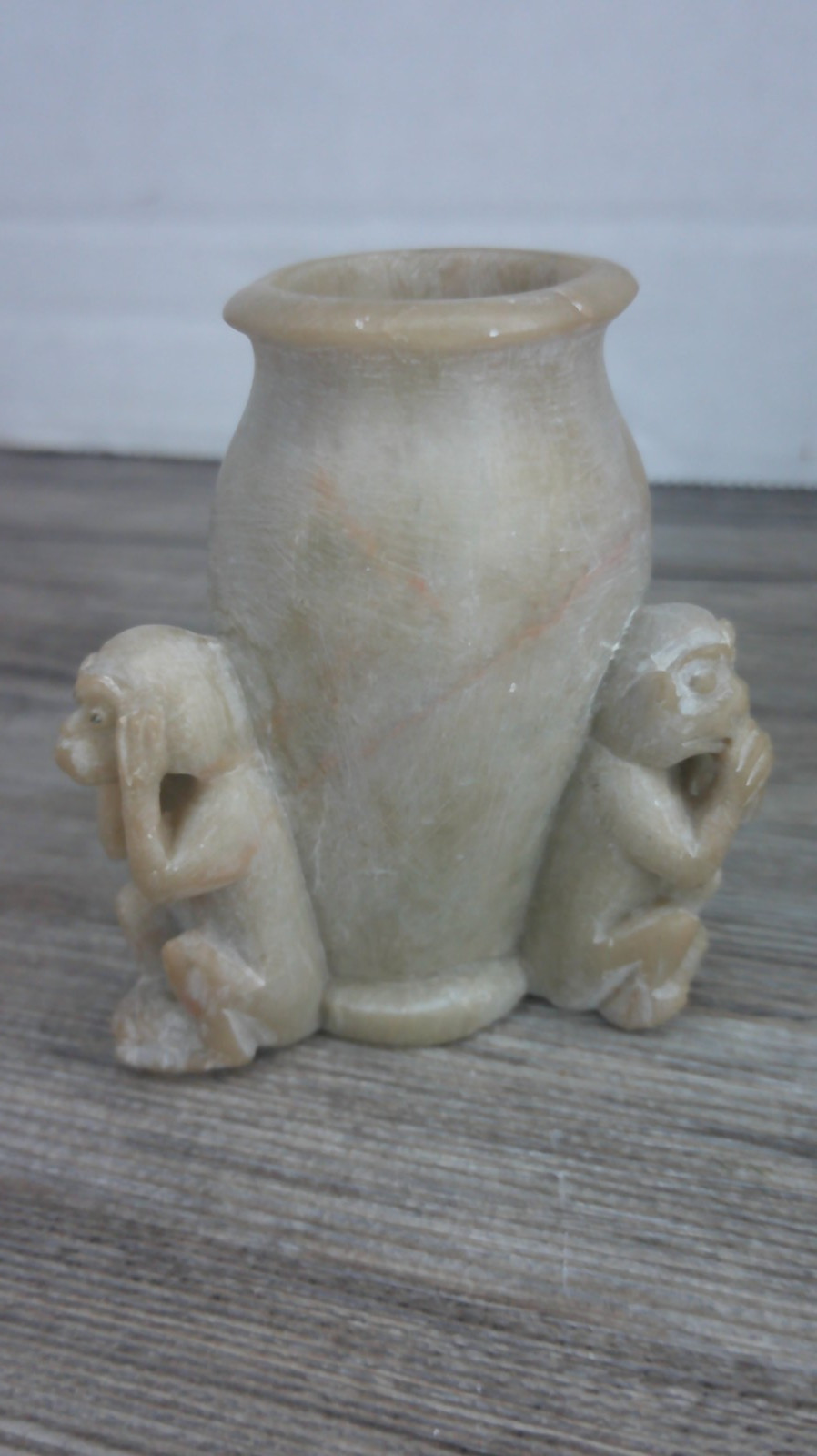 vintage Chinese soap stone toothpick holder hand carved hear see peak no evil