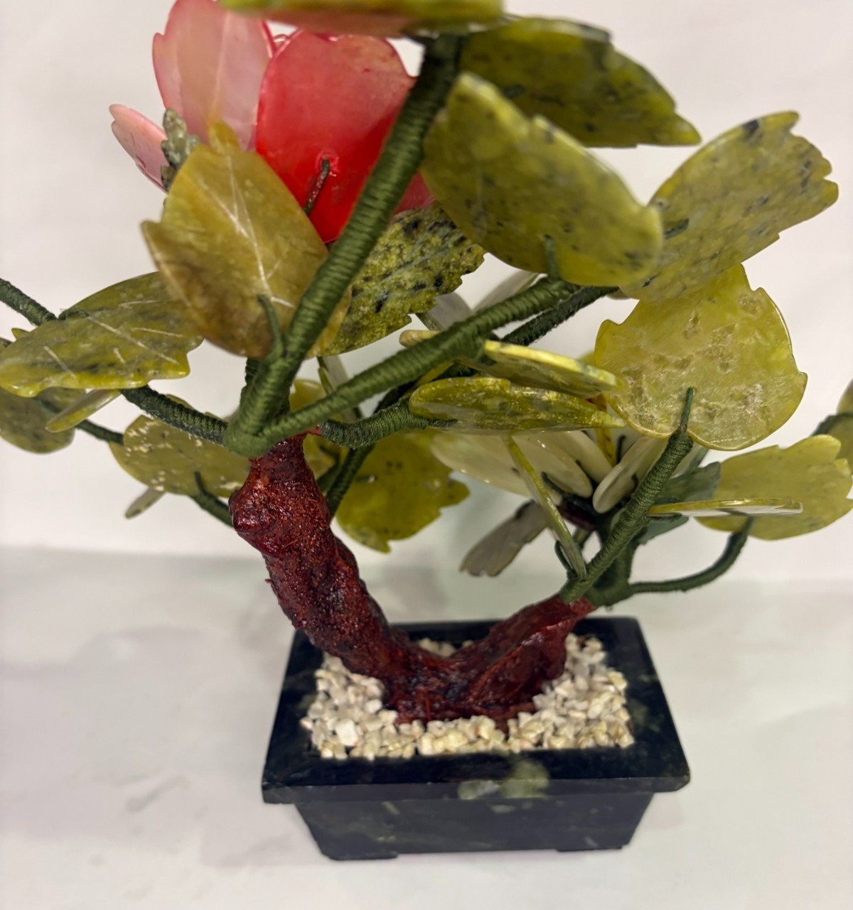 Vintage Jade Tree Bonsai Tree Carved Agate Flowers in vase, 9″