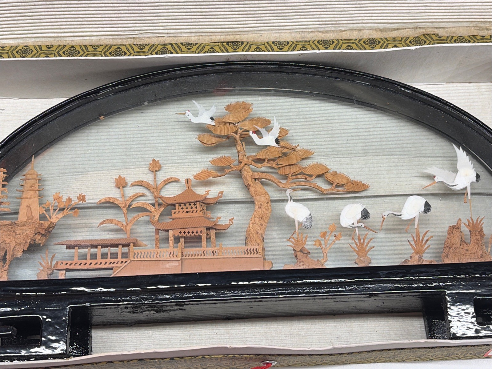 Vintage Chinese Diorama Hand Carved Wood And Cork 14.5× 7” Wood And Glass Frame