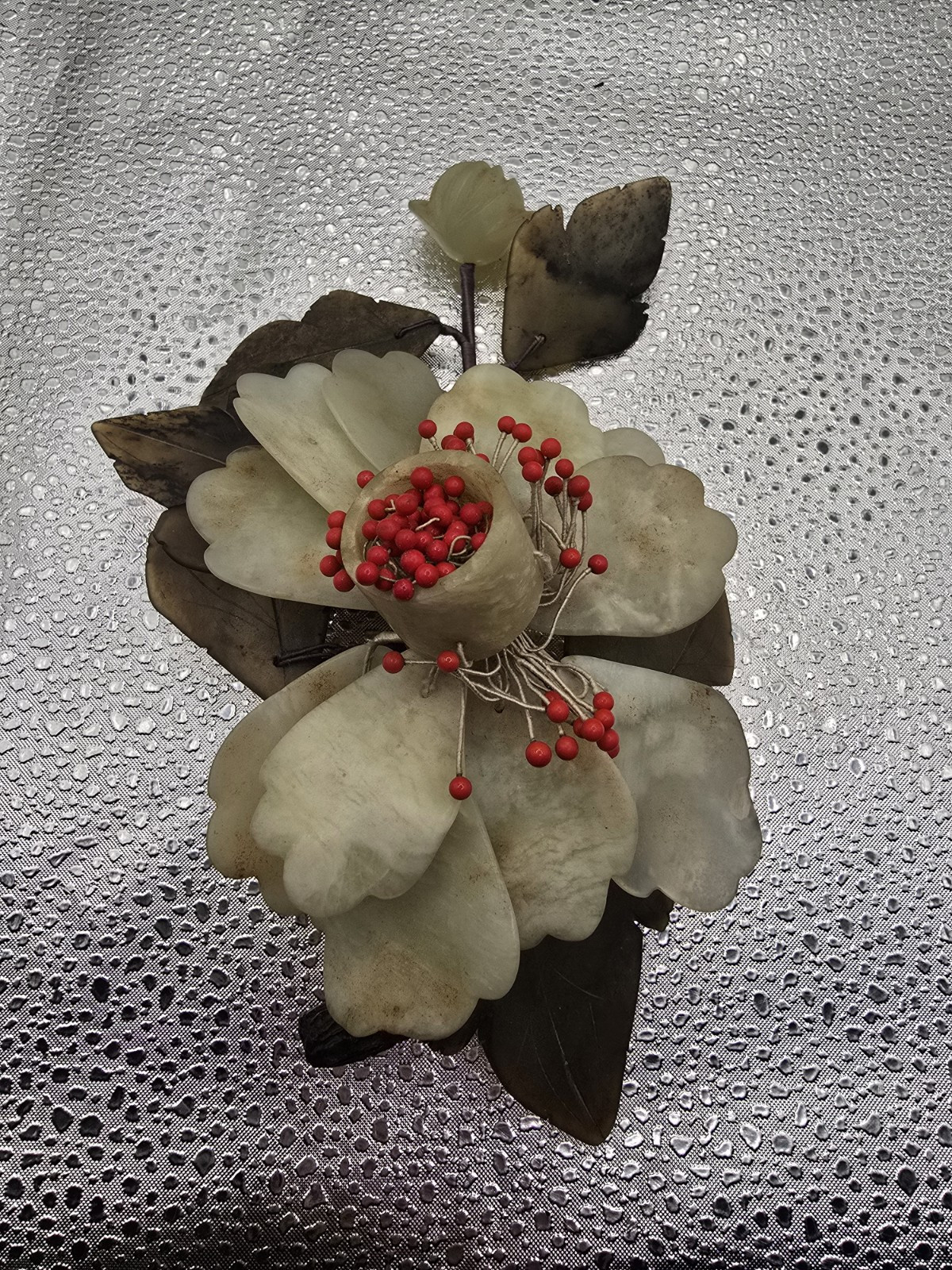 Vintage Antique Chinese Carved Stone Jade Flowers Leaves