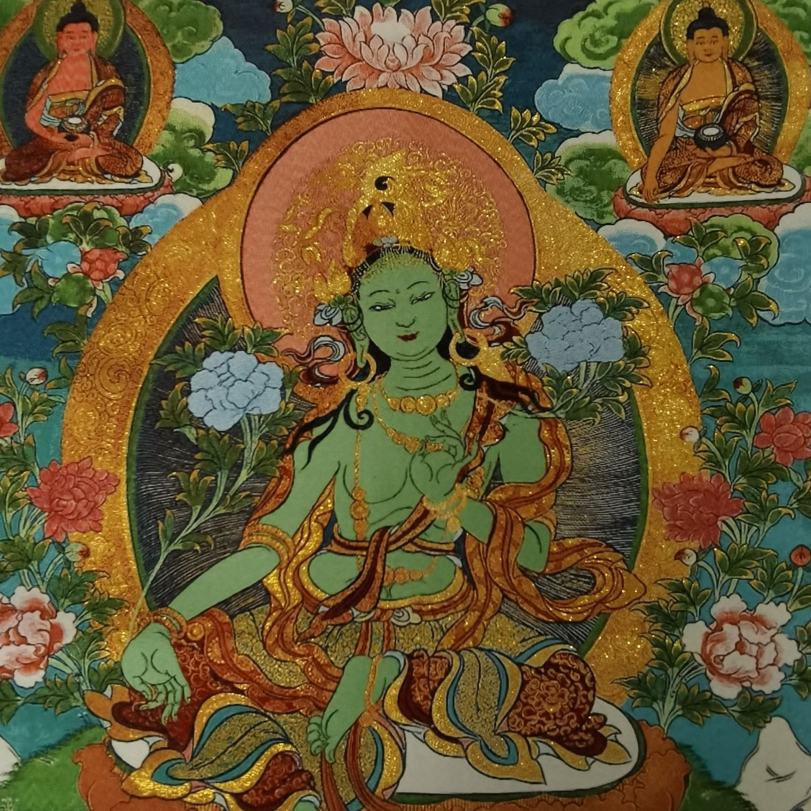 36″ Tibet Tibetan Cloth Silk Buddhism Green Tara Guanyin Tangka Thangka Mural 2