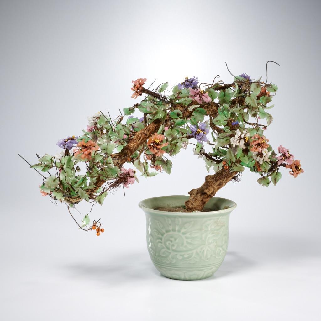 Chinese Jade Glass Stone Bonsai Multicolored Celadon Pot Trees 2pc Lot 17″l 8″l