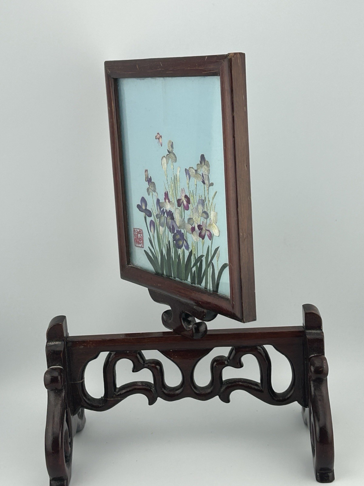 Vintage Chinese Suzhou Silk Embroidery Under Glass Table Screen Floral 1950s