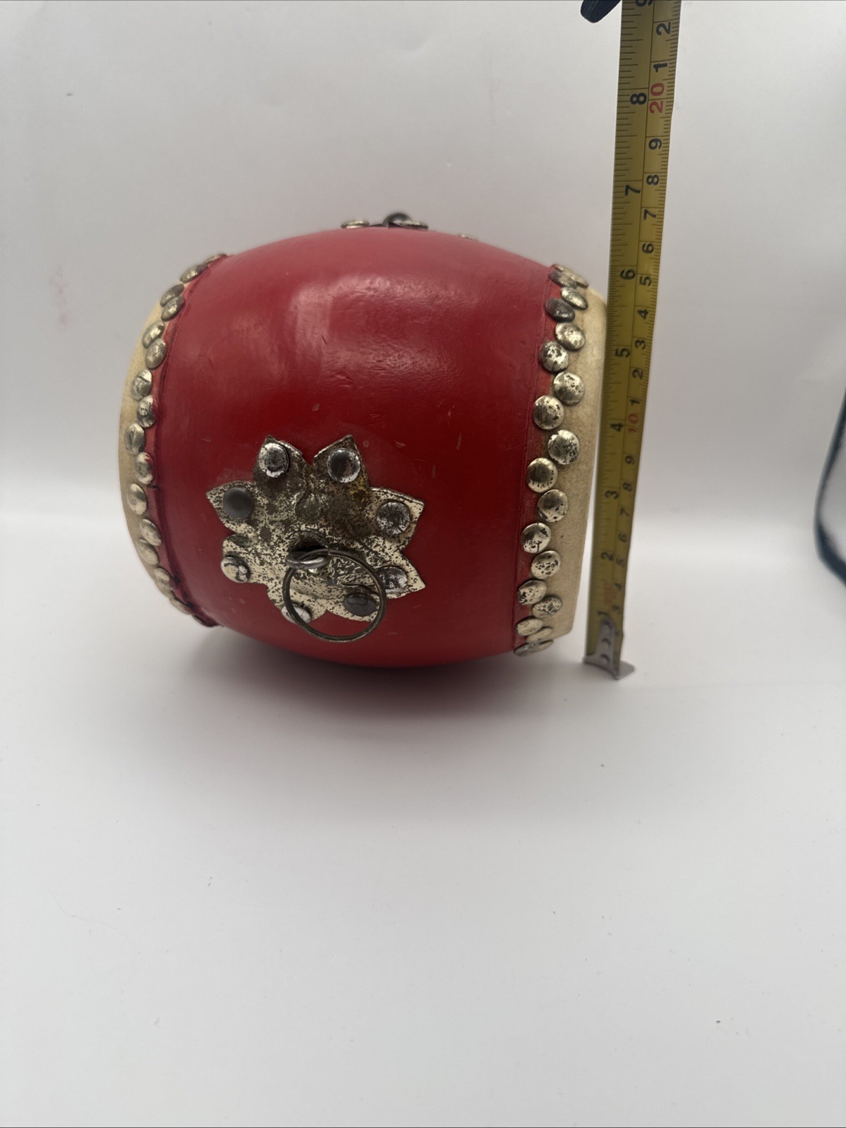 20th Century Chinese Traditional Small Red Tanggu. Wood, Cowhide, Metal 6×6 In.
