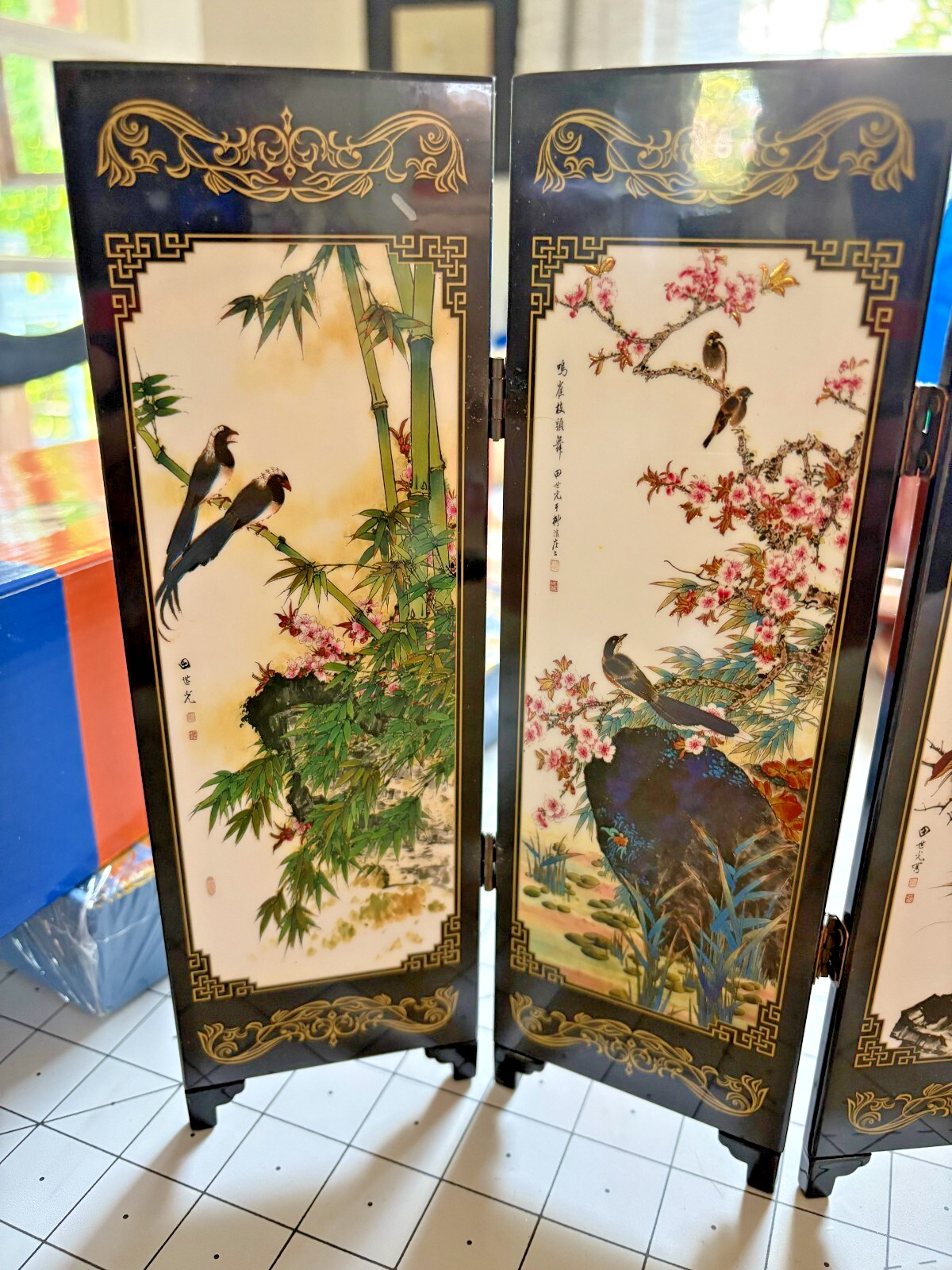 Table Desk Top Folding Shoji Screen 6 panel 18.25 x 9.25 in Niao Hua Yiang