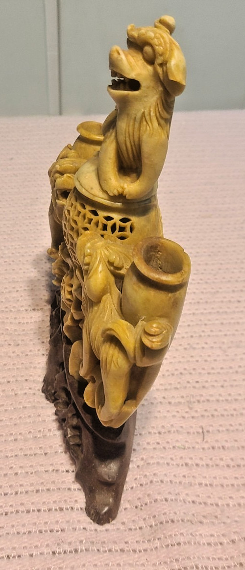 VINTAGE HAND CARVED SOAP STONE INCENSE BURNER FOO DOGS 8″ x 8 1/2″
