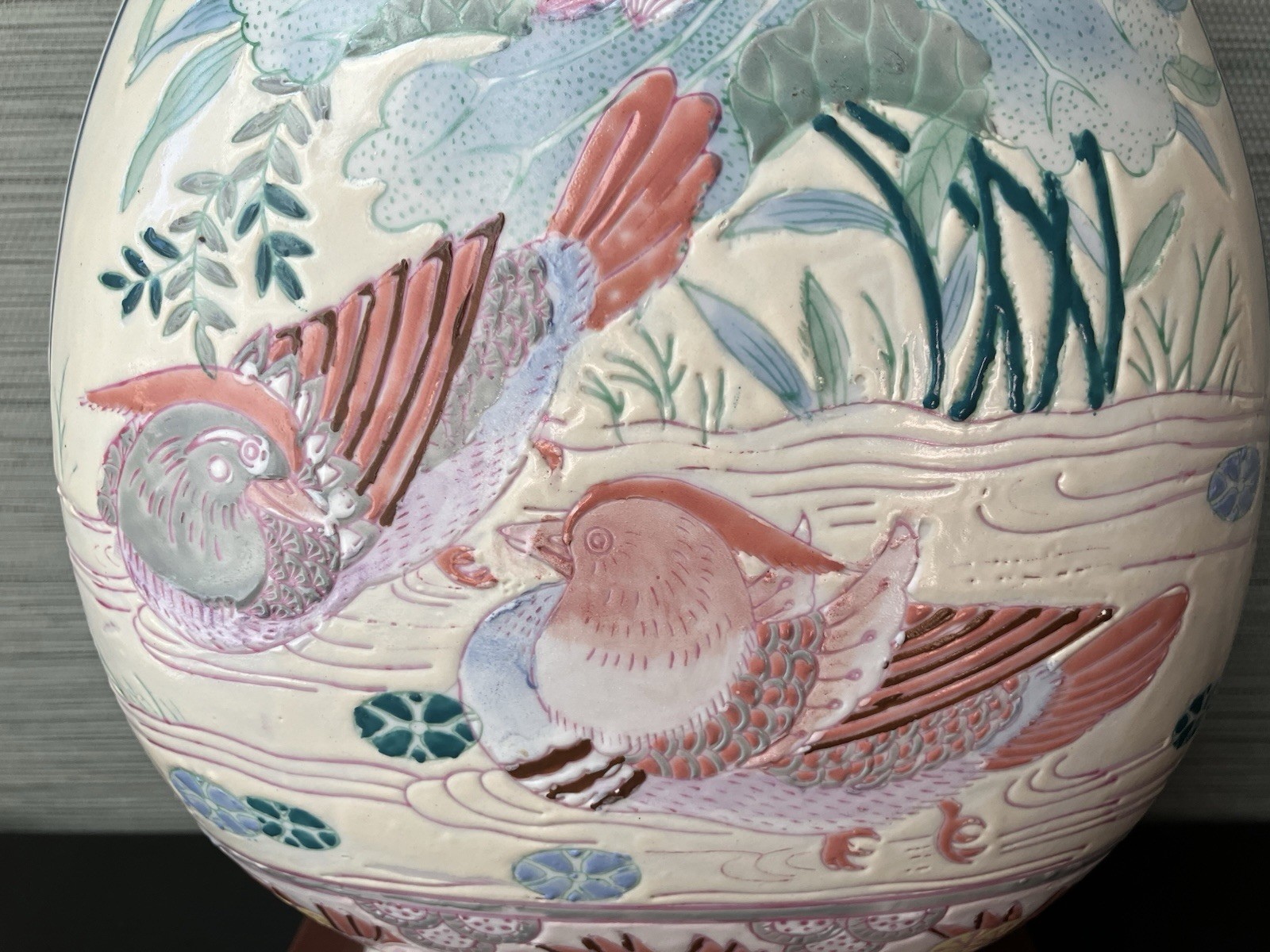 Vintage Chinese Porcelain Vase Lamp, Pink Chinese Mandarin Duck Design, Working