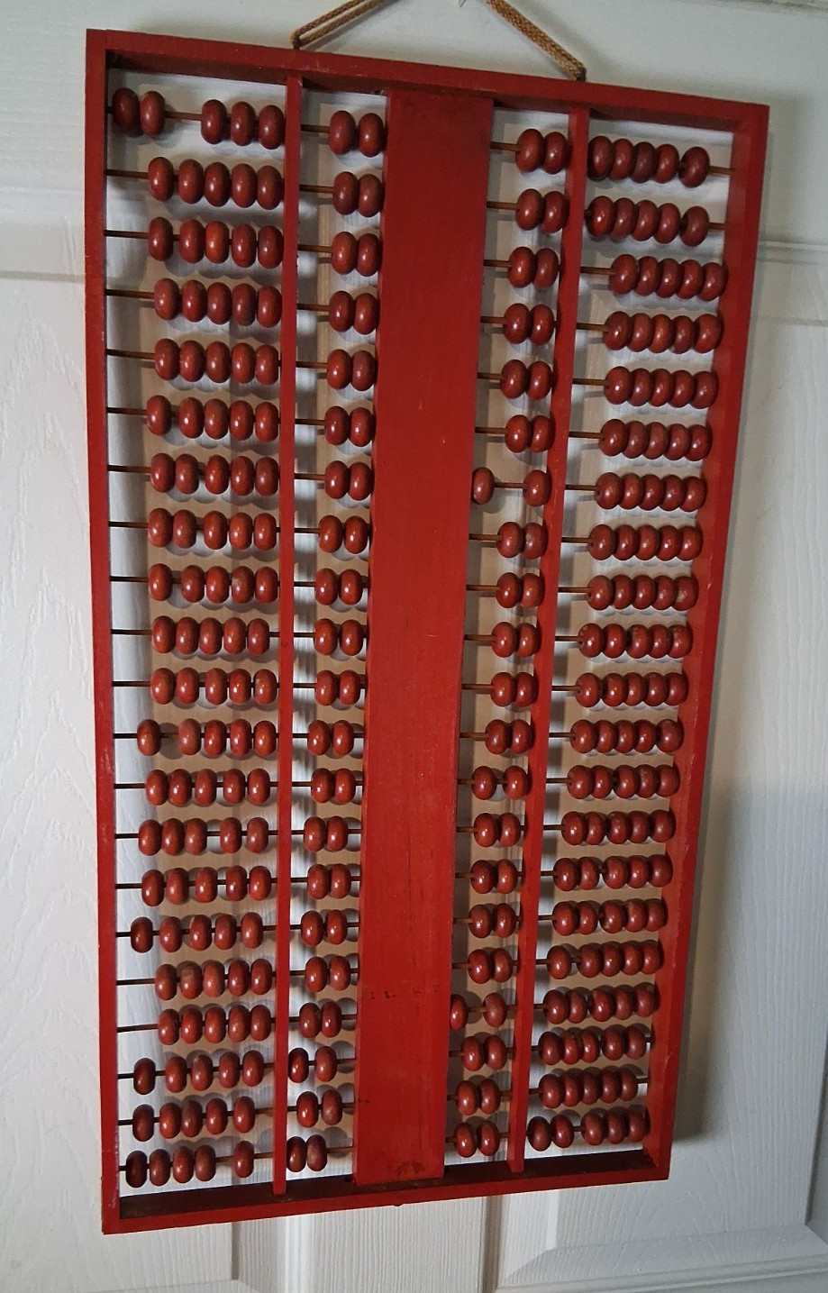 Chinese Double Abacus Soroban Wood/Brass 21 X 2 Rows 294 Red Beads 21″ L 12″ W
