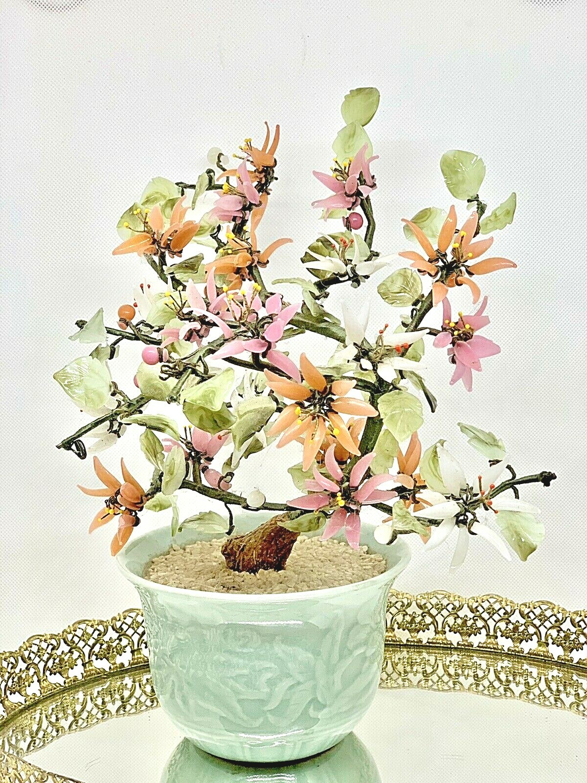 Vintage 11″ Jade Glass Bonsai Tree Japanese Oriental multi-color blooms in a Pot