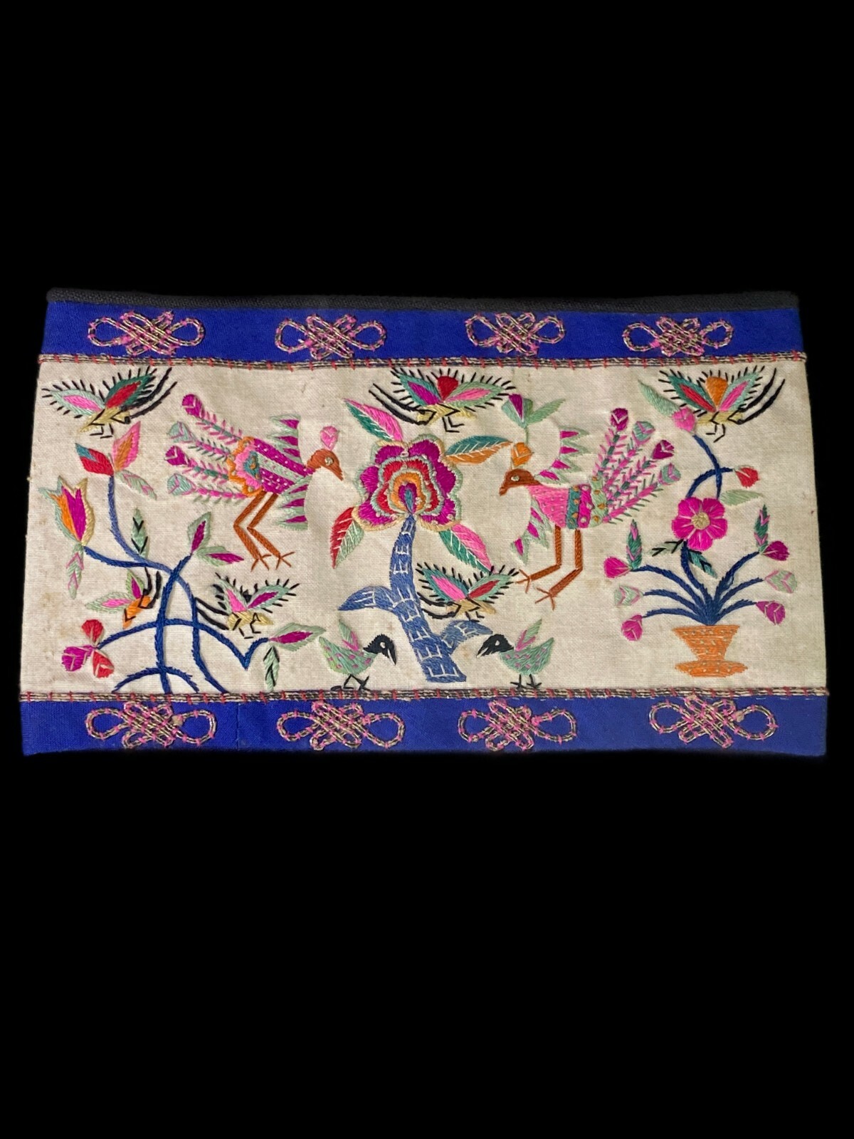 Hand Embroidered Silk Birds Floral Cuff Vtg Asian Framed Textile Mini Tapestry