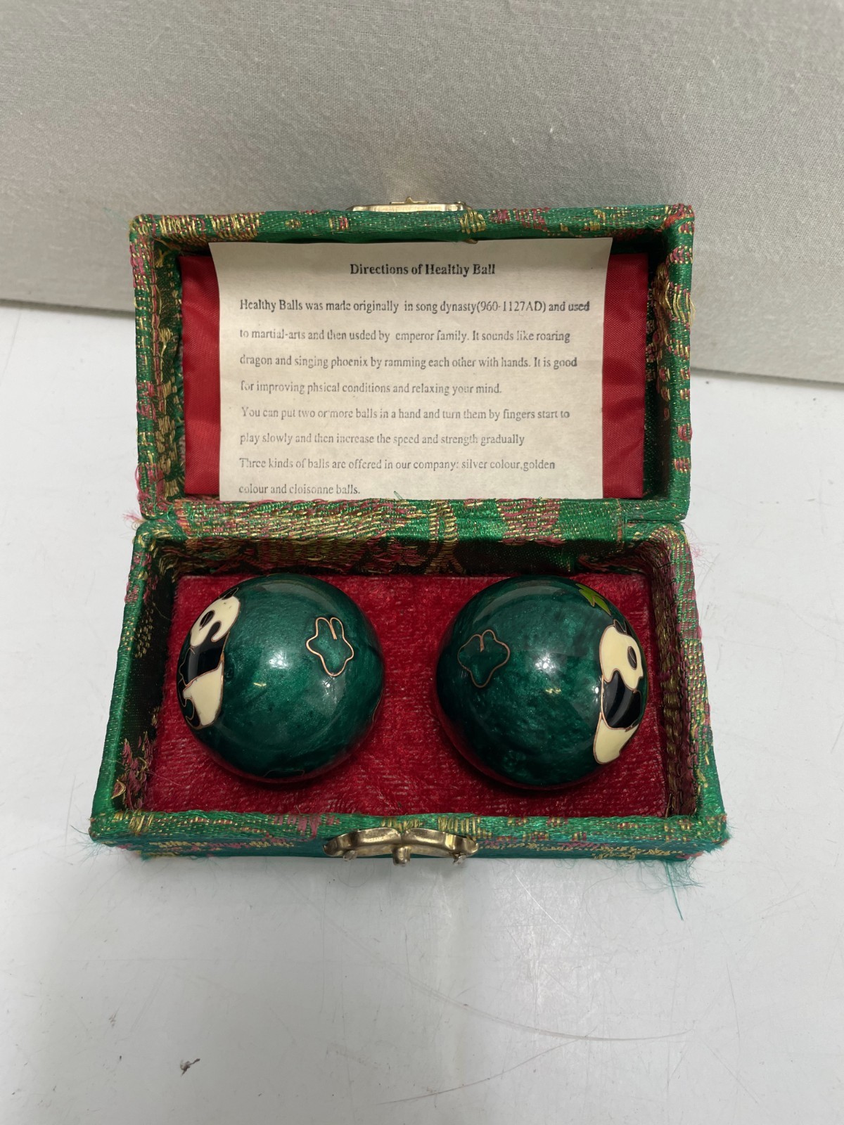 Vintage Chinese Cloisonné Panda Bamboo Baoding Meditation Balls w/ Silk Box