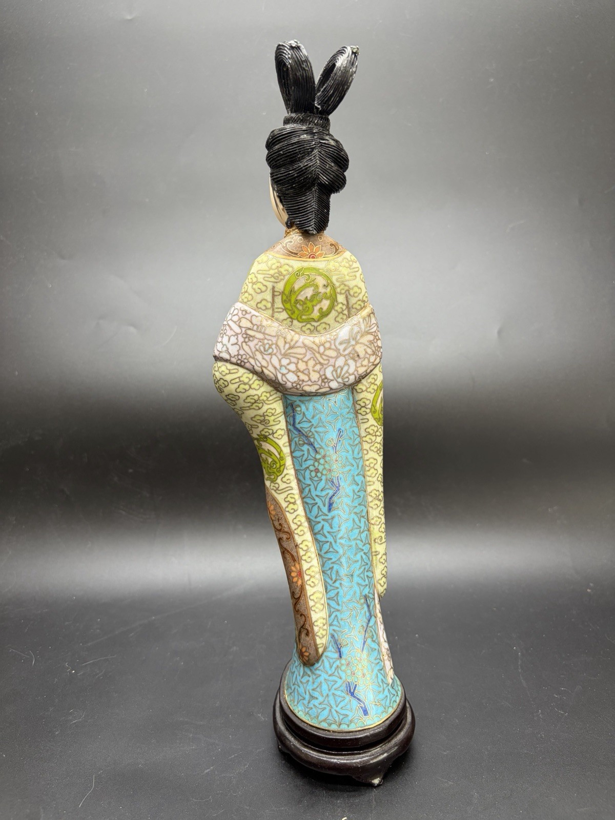 Gorgeous VTG Traditional Cloisonne Lady Figure Brass Enamel On Wood Base 13.5”