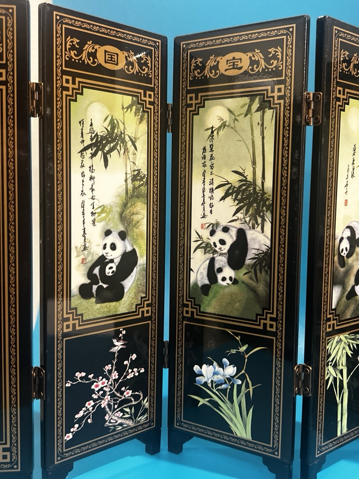 Panda Bear Asian Painted Wood Table Screen Divider 6 Panel 9.5″ *18.5″