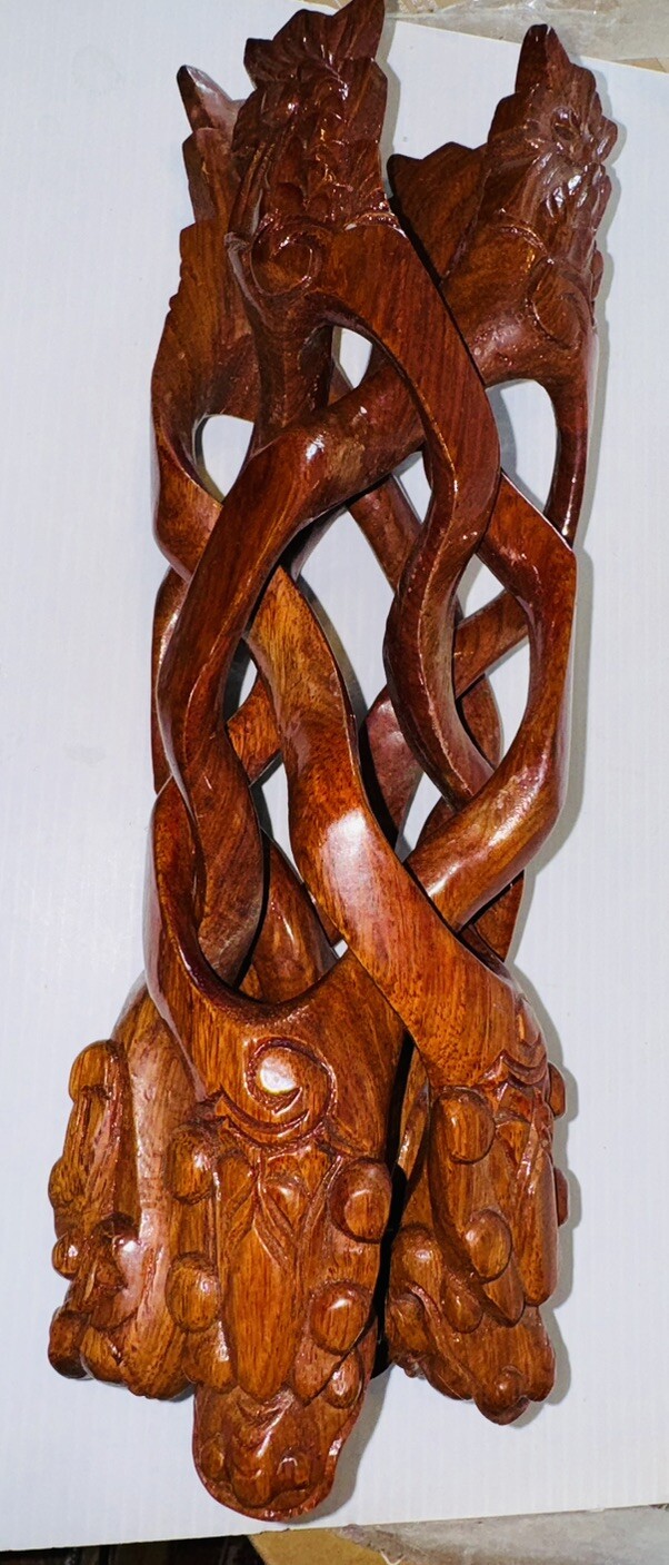 Carved Wooden Collapsing Dragon Bowl/ Planter Stand 9.5”tall, 12” Wide 15.5” L