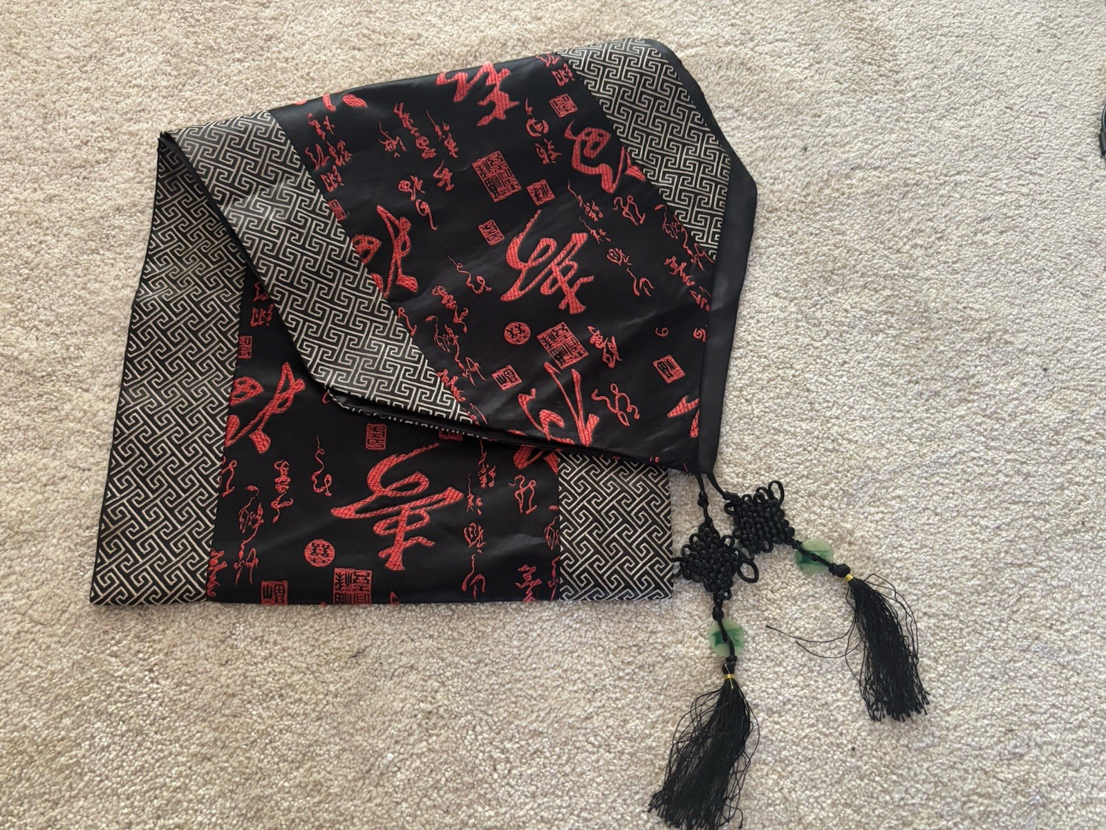 Black Red Chinese Silk Satin Brocade With Two Tassels Table Runner