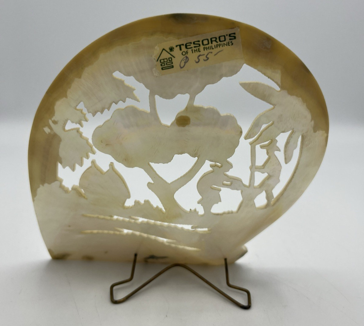 Carved Mother of Pearl Shell Asian Scene with Stand 6″ Tall
