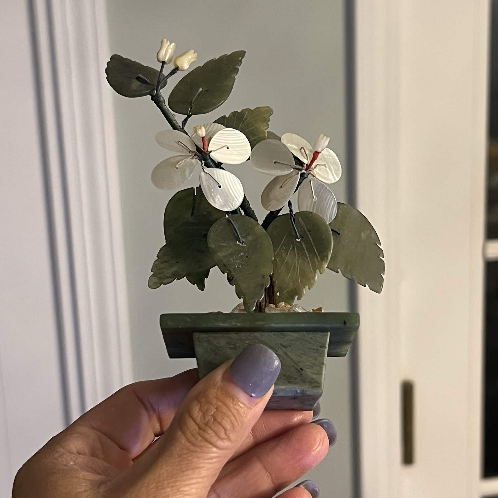 Sweet Small Asian Mother of Pearl & Jade Bonsai Tree Figure in Celadon Green Pot