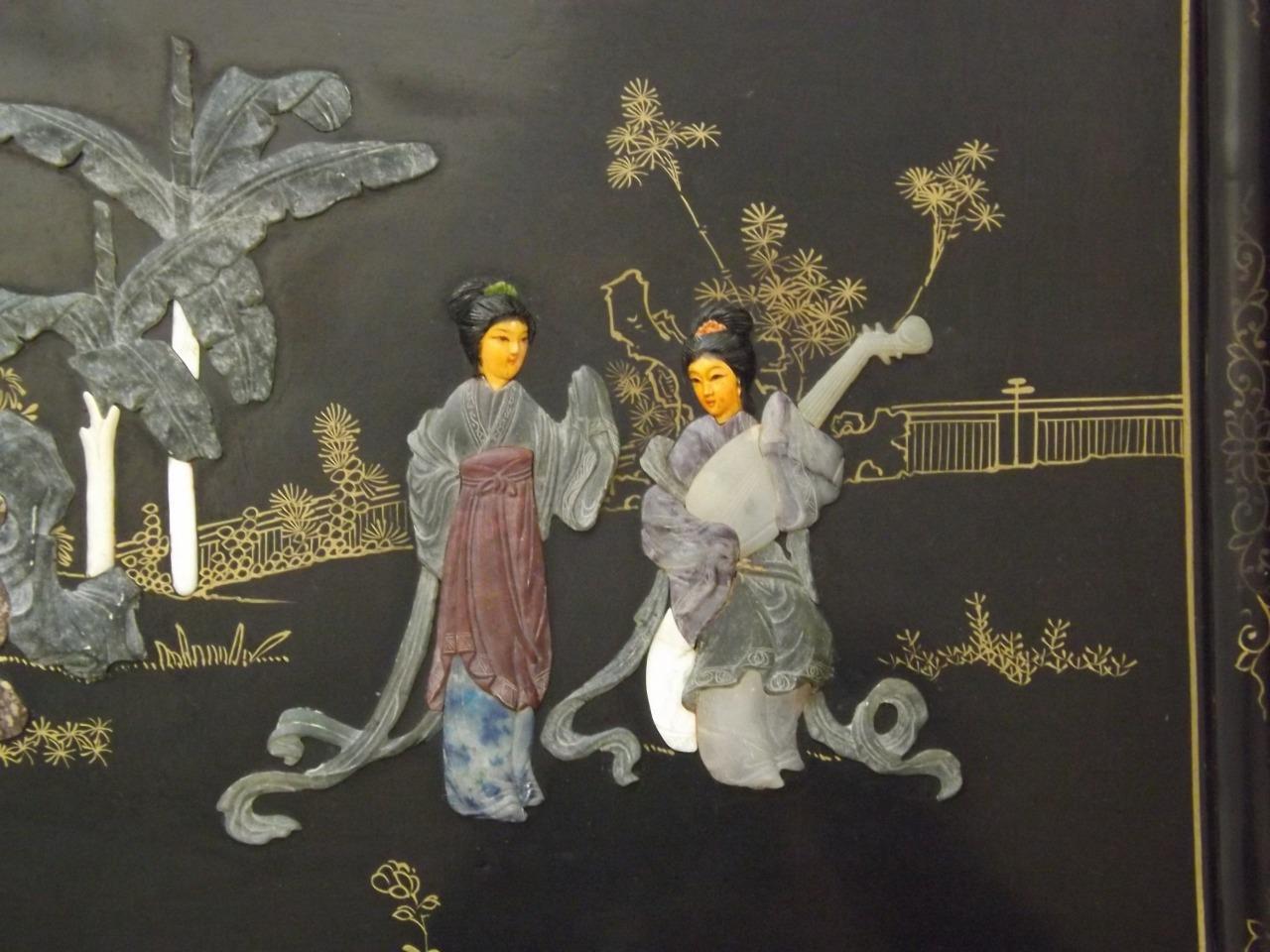 2 Asian Oriental Lacquer Mother of Pearl Wall Art Panels 14″ x 16″