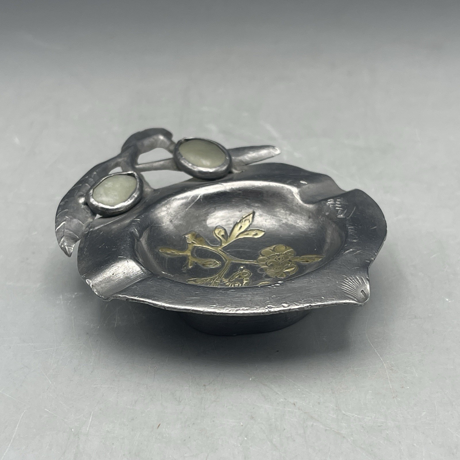 Antique Chinese Export Pewter And Jade Peach Ashtray Cherry Blossom Bird Inlay