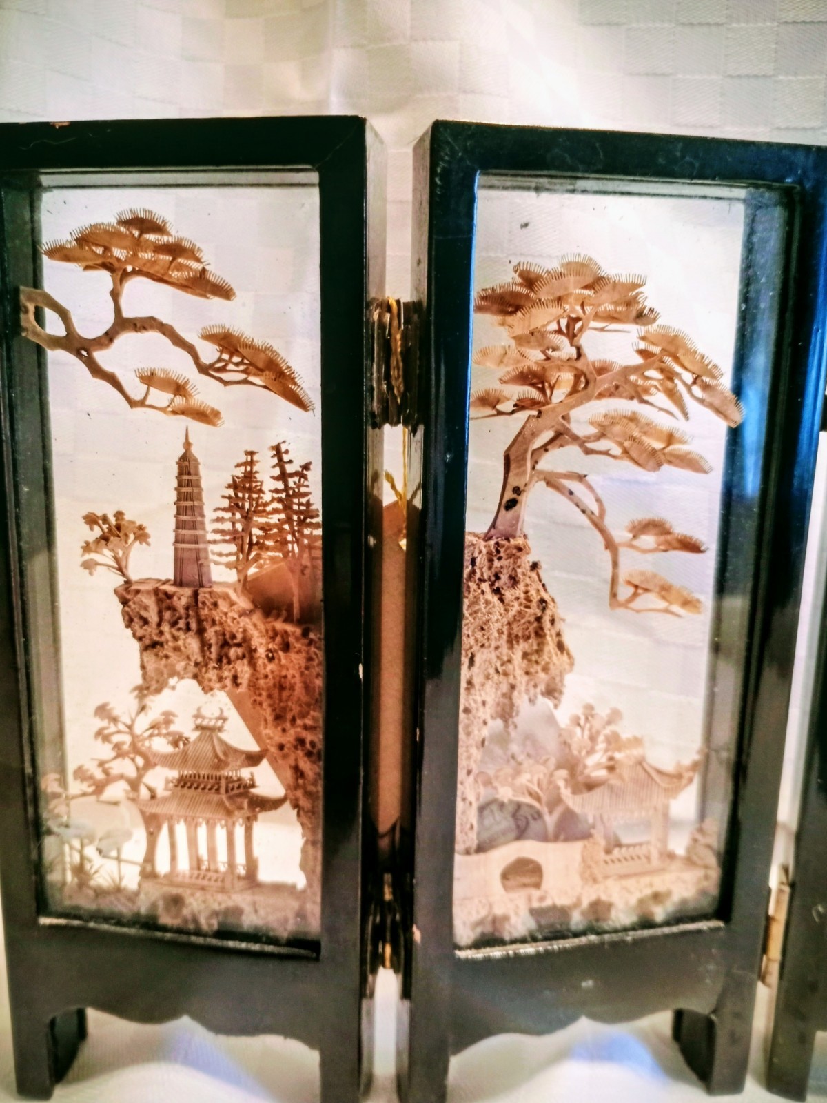 Chinese Cork Art Vintage 1980’s Miniature Screen Carved Birds, Trees, Pagodas