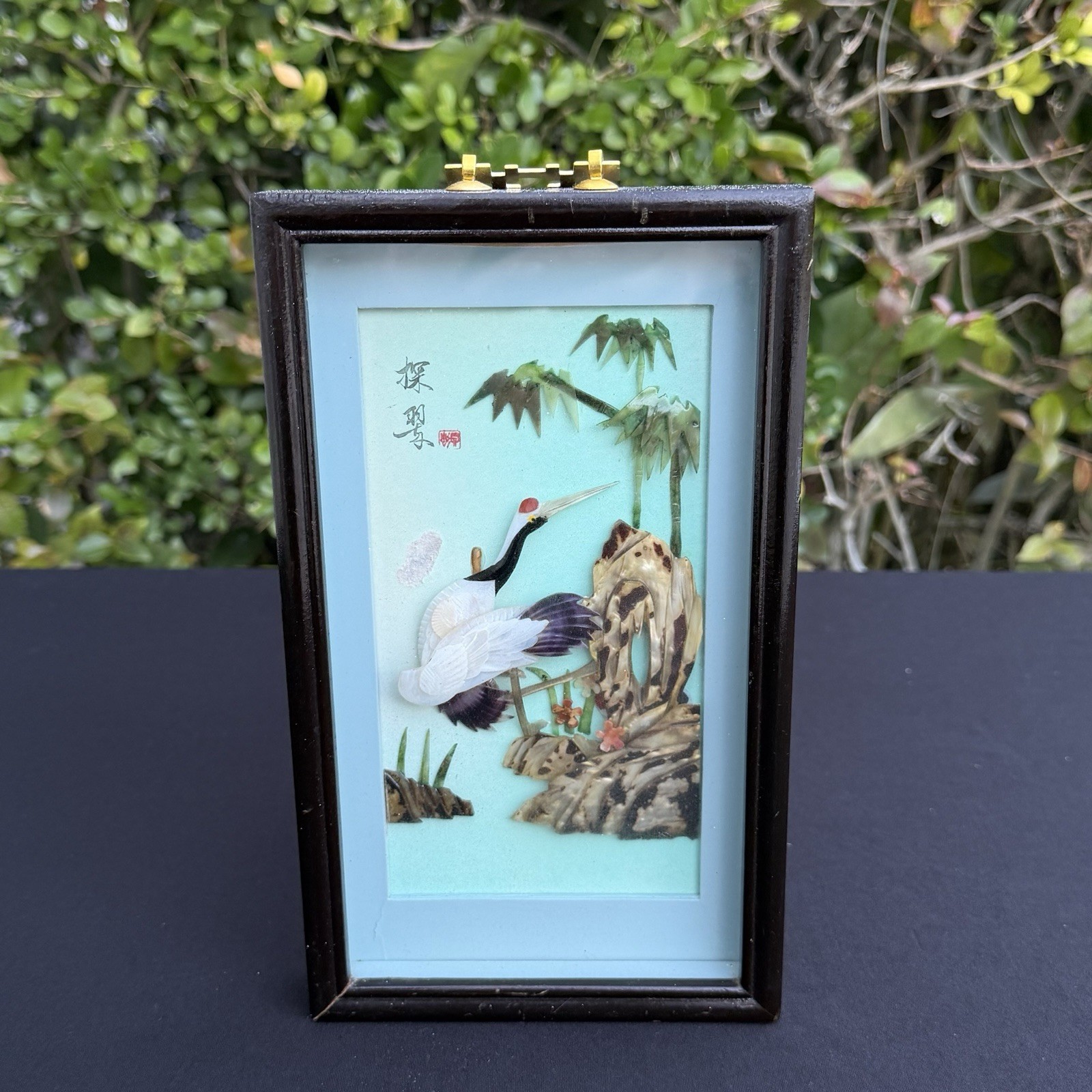 Vintage Asian 3D Shadowbox Wall Hanging Red-Crowned Cranes Shell Nature 9.5×5.5”