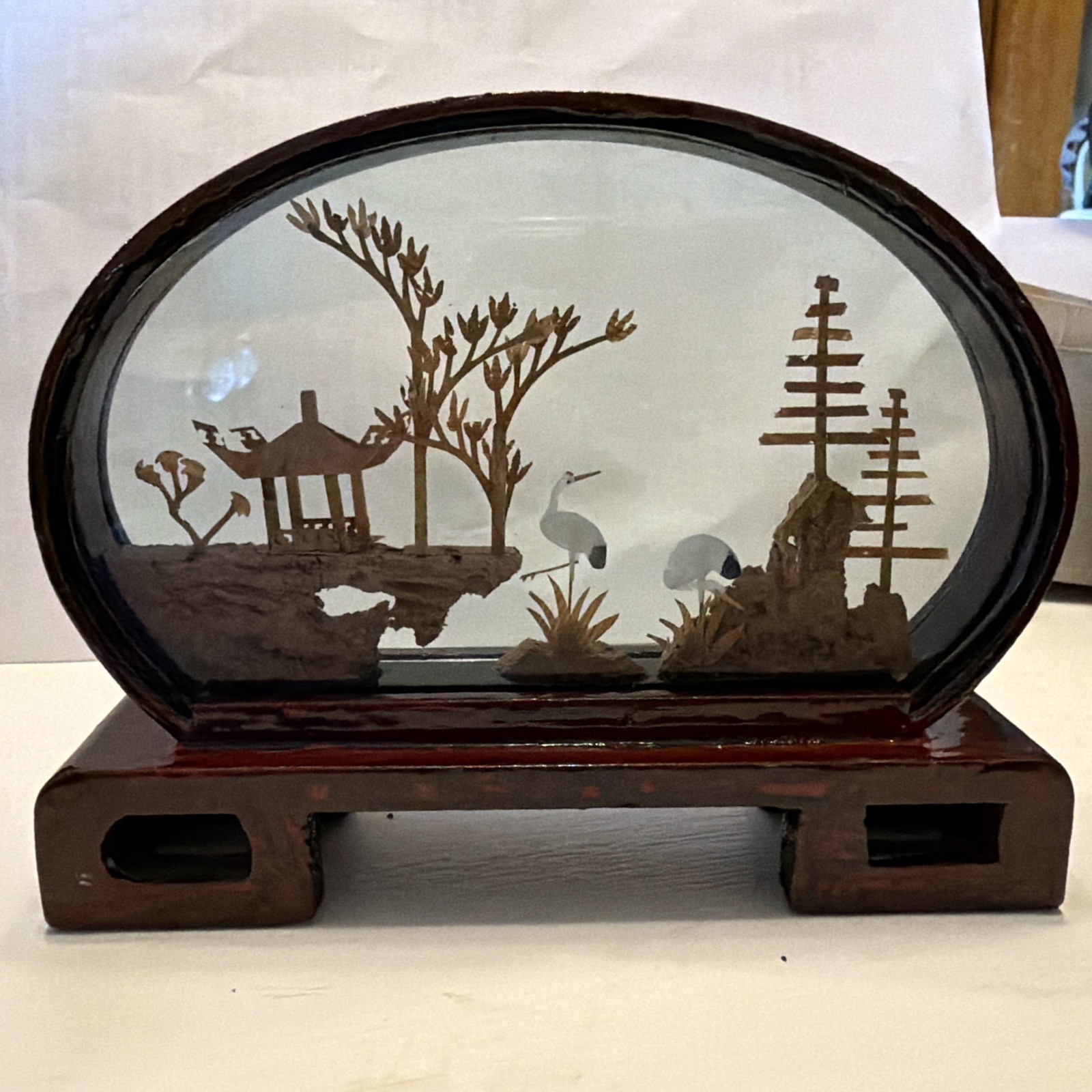 Carved Cork Diorama Asian Oriental 3D Art Miniature Cranes Vintage 6”x4.5”x1.5”