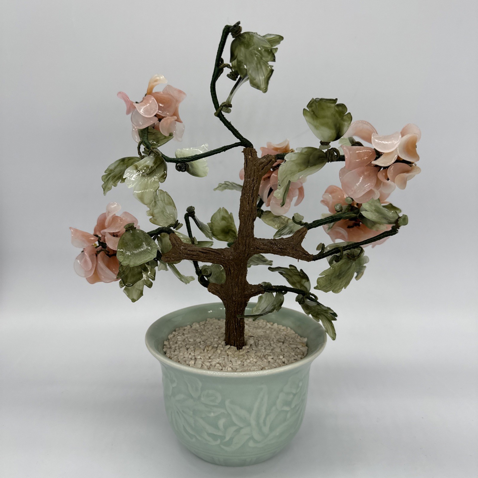 Vtg Chinese Jade Glass Cherry Blossom Bonsai Tree Pink Flower Celadon Pot 11×9.5