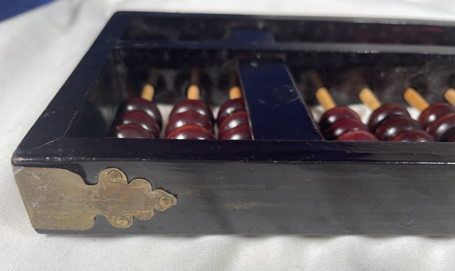 VTG Wooden Chinese Abacus 91 Beads Brass Fittings 10×5” Original Label