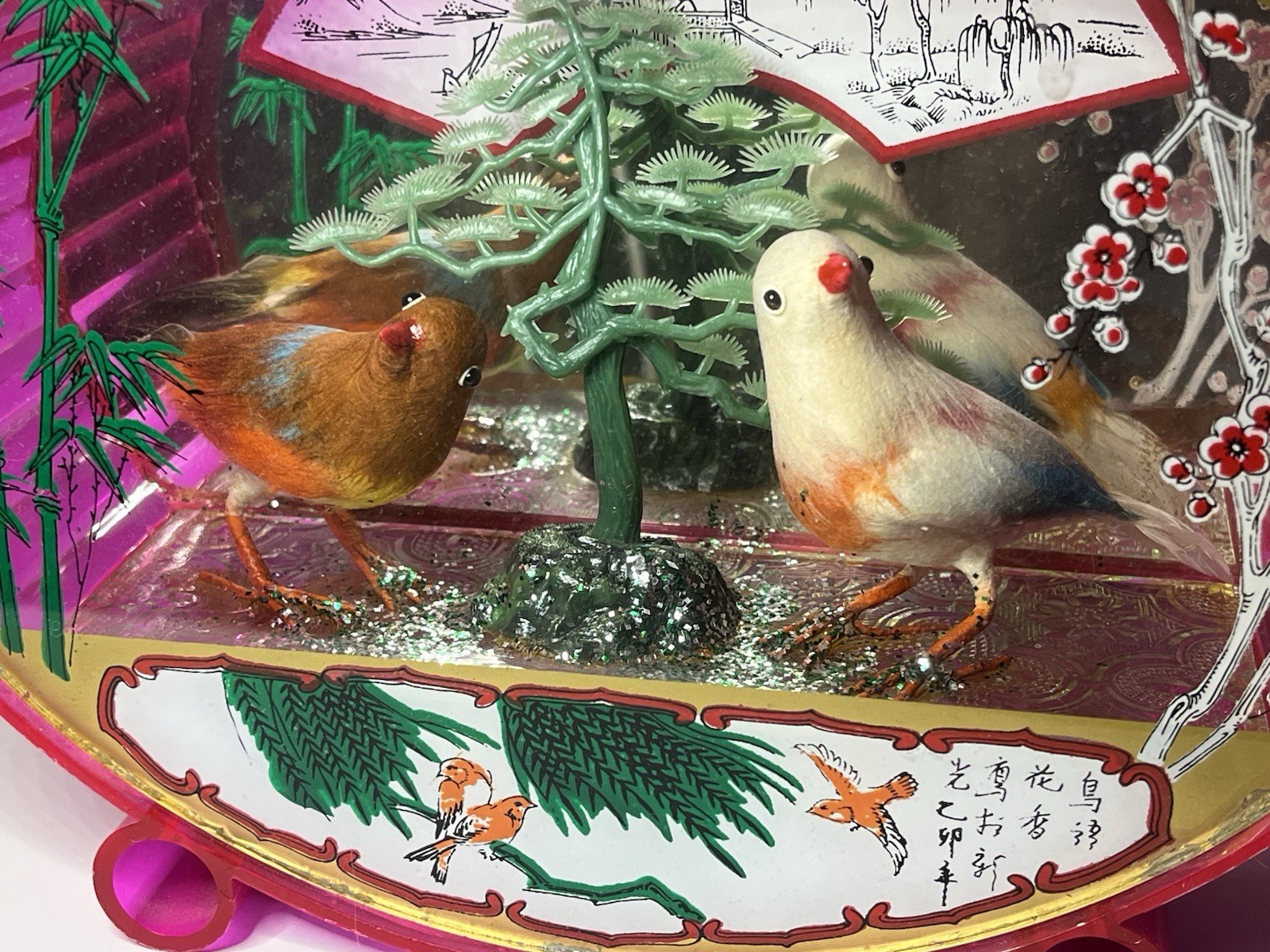 Pink Plastic Oval Case Diorama Birds Tree Mirrored Made in Hong Kong