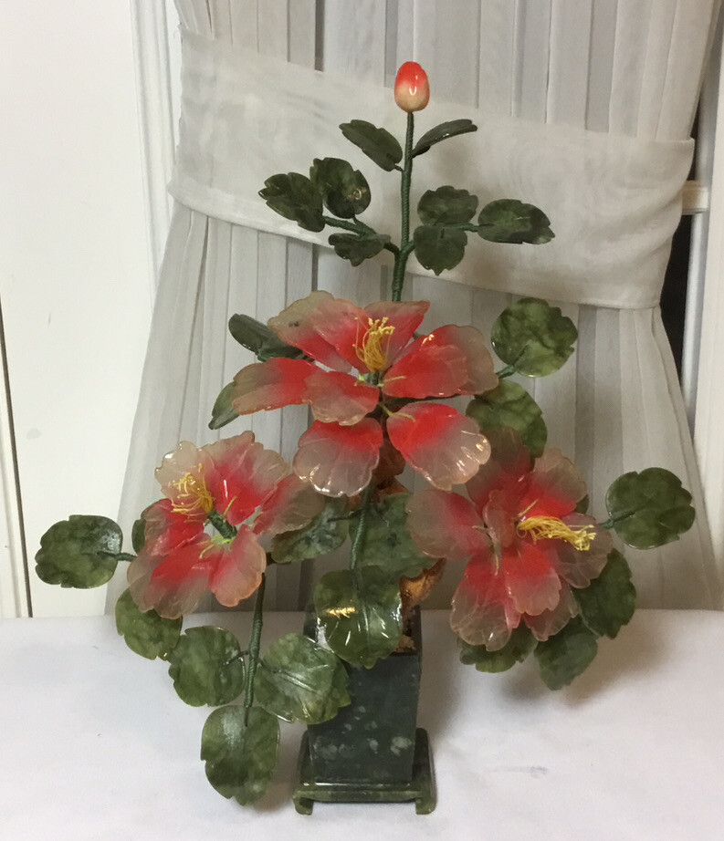 Vintage Chinese Hand Carved Jade Pink Flowering Bonsai Tree Plant14.5”H x 14”W