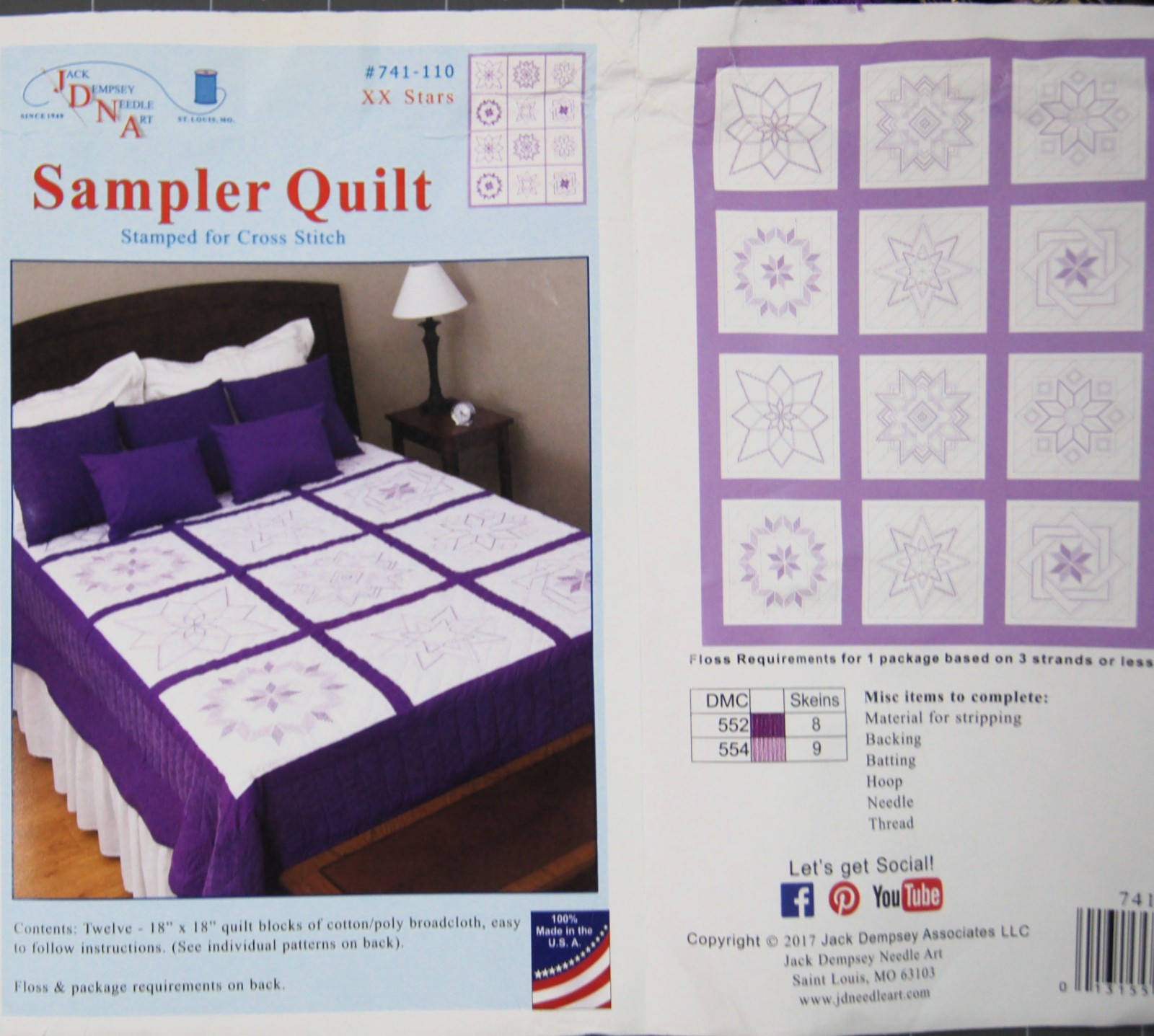 JDNA Stamped Cross Stitch STARS 12 – 18″ X 18″ Sampler Quilt Blocks w/ Floss