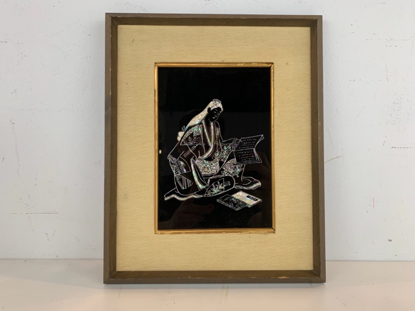 Vintage Inlaid Mother of Peal Woman Reading Japanese Lacquer Plaque Art Framed