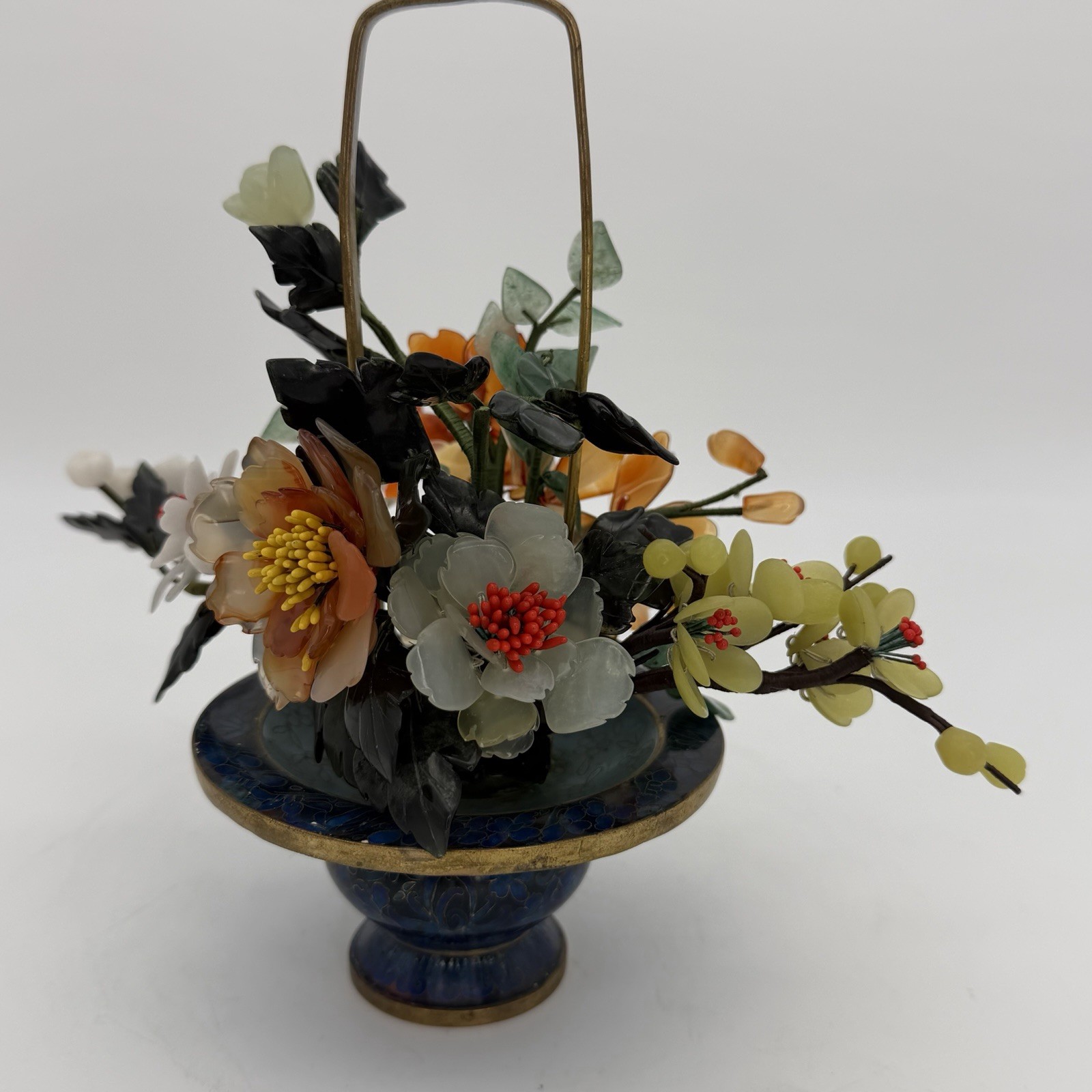 Vintage Jade Bonsai Tree Flowers Basket Cloisonné Pot 7.5” Brass Handle