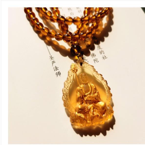 48MMChina Yellow Coloured Glaze Carving Gild Buddhism Ksitigarbha Buddha Pendant