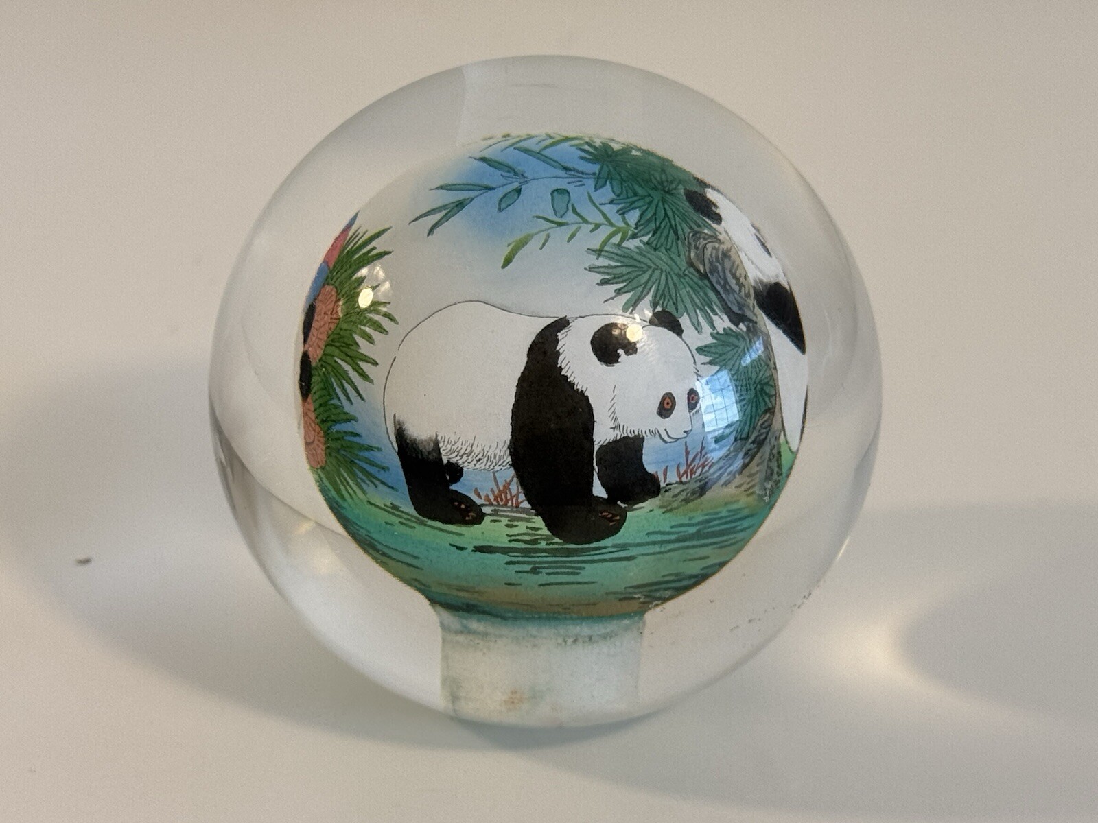 Chinese Glass Ball Sphere Paperweight Reverse Hand Painted Pandas