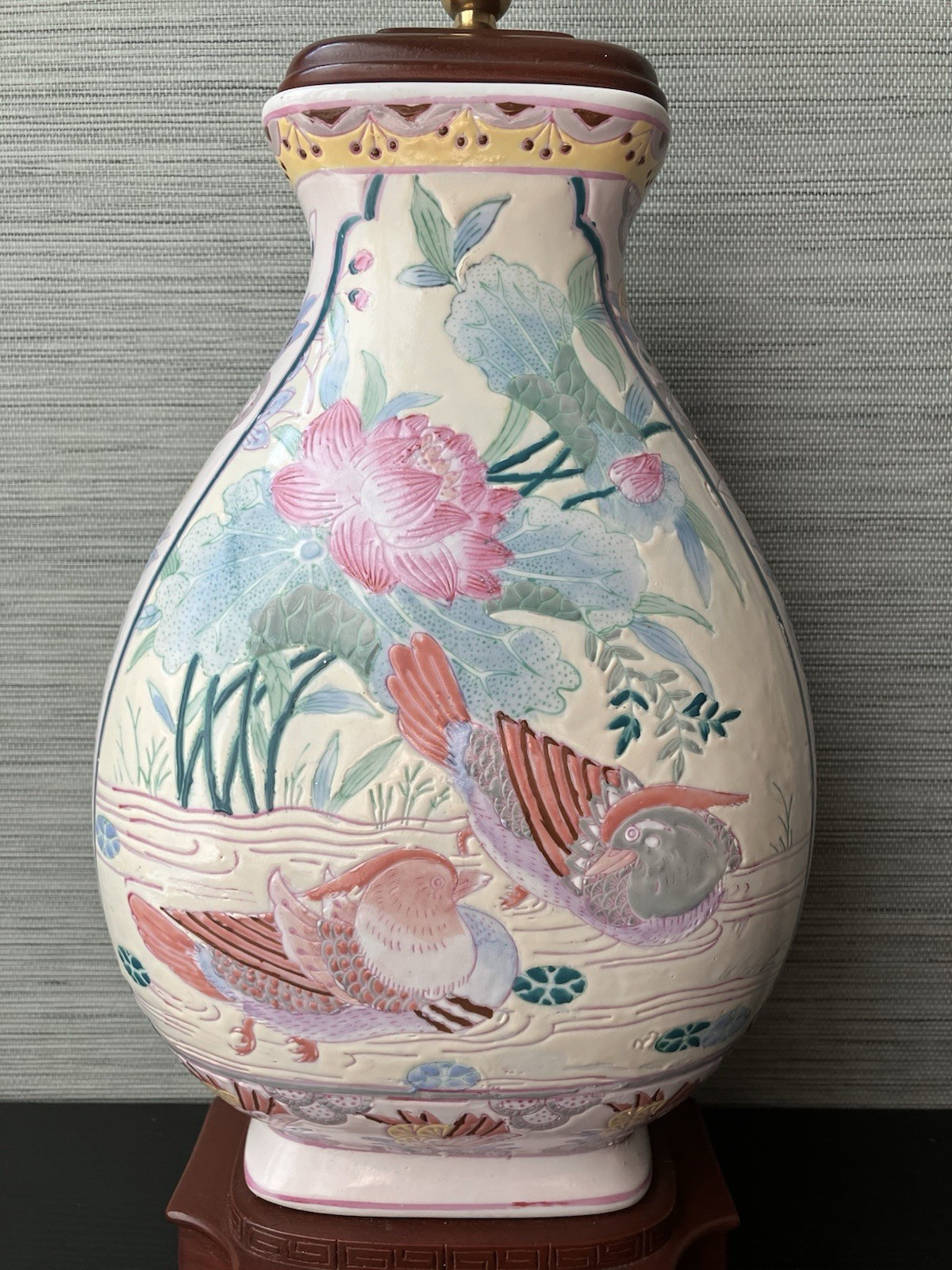 Vintage Chinese Porcelain Vase Lamp, Pink Chinese Mandarin Duck Design, Working