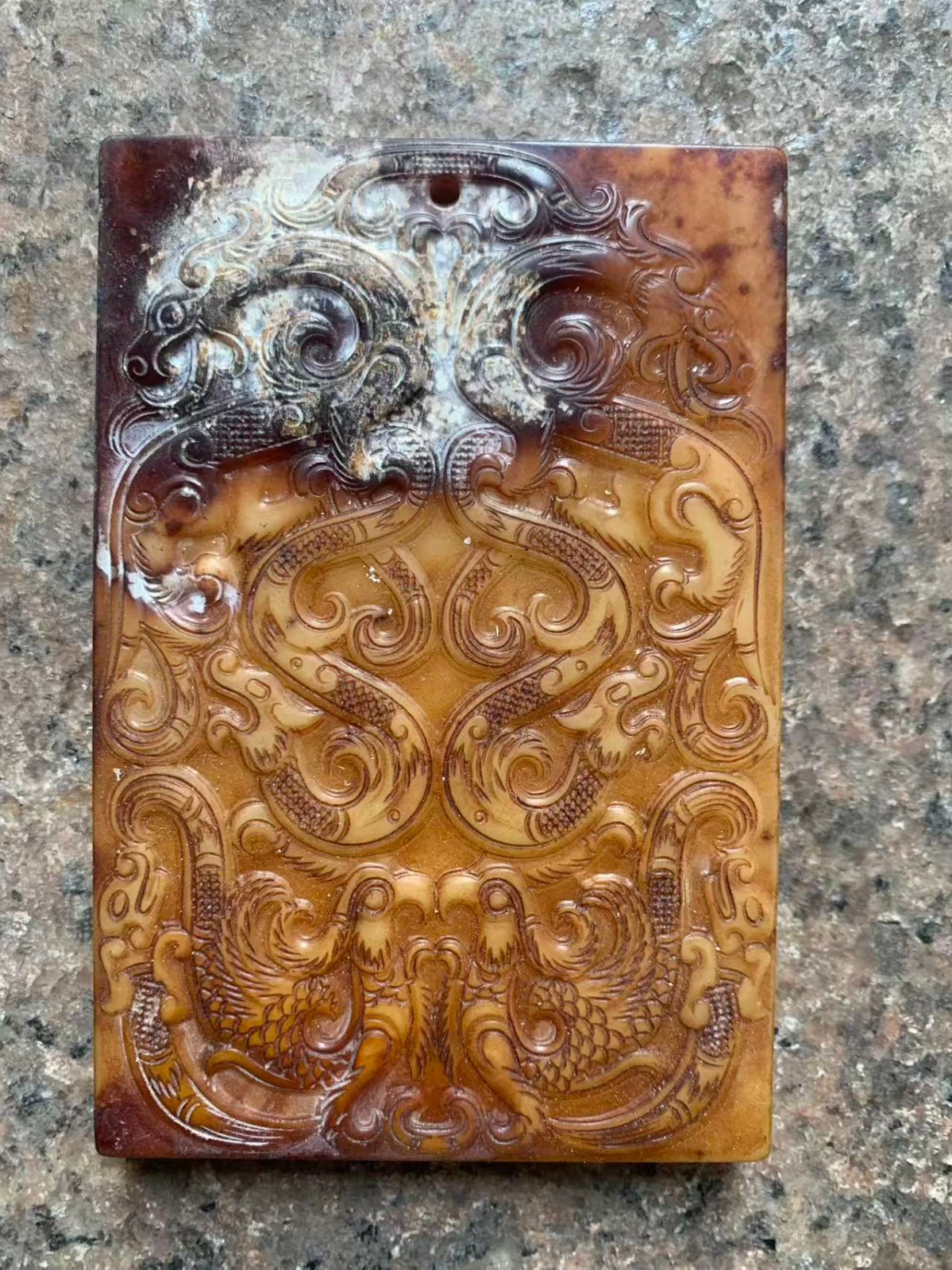 Large Chinese Old Hetian Jade Hand Carved Dragon & Phoenix W/Poem 2Faces Pendant