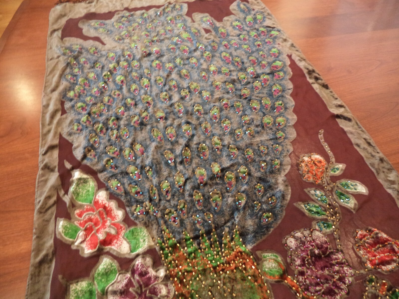 Nanjing Yunjin Brocade PEACOCK”S 68″ LONG IN ORIGINAL BOX