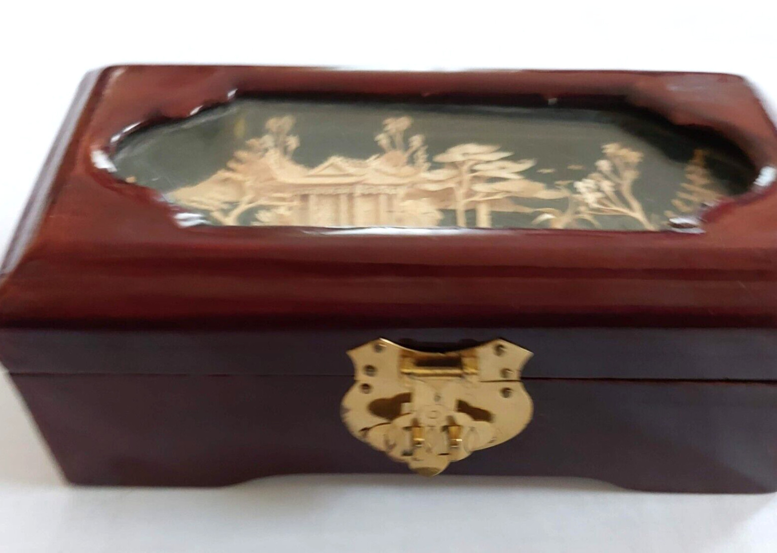 VTG San You Asian Jewelry Wood Box Diorama Cork Art Pagoda Scene Brass Lined