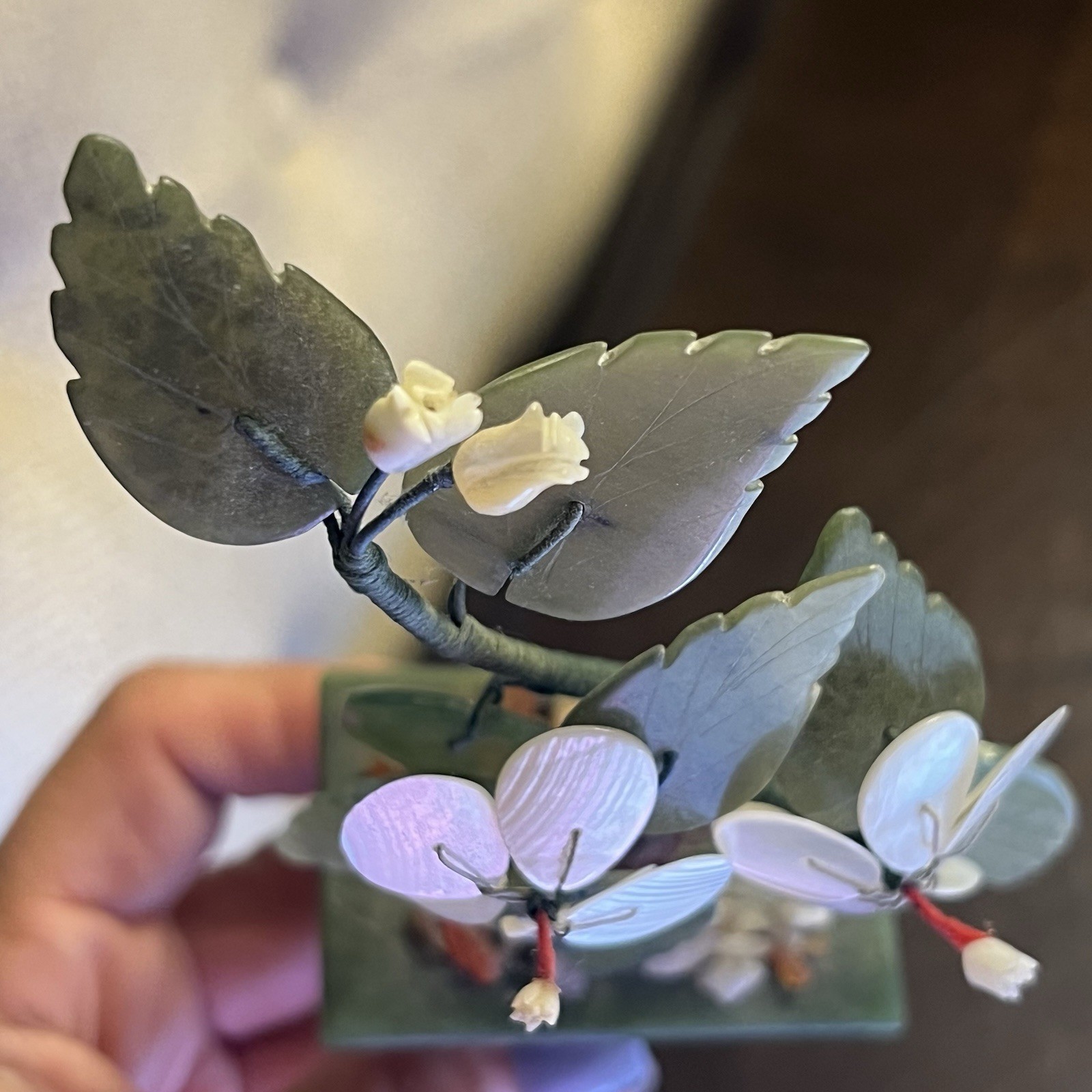 Sweet Small Asian Mother of Pearl & Jade Bonsai Tree Figure in Celadon Green Pot