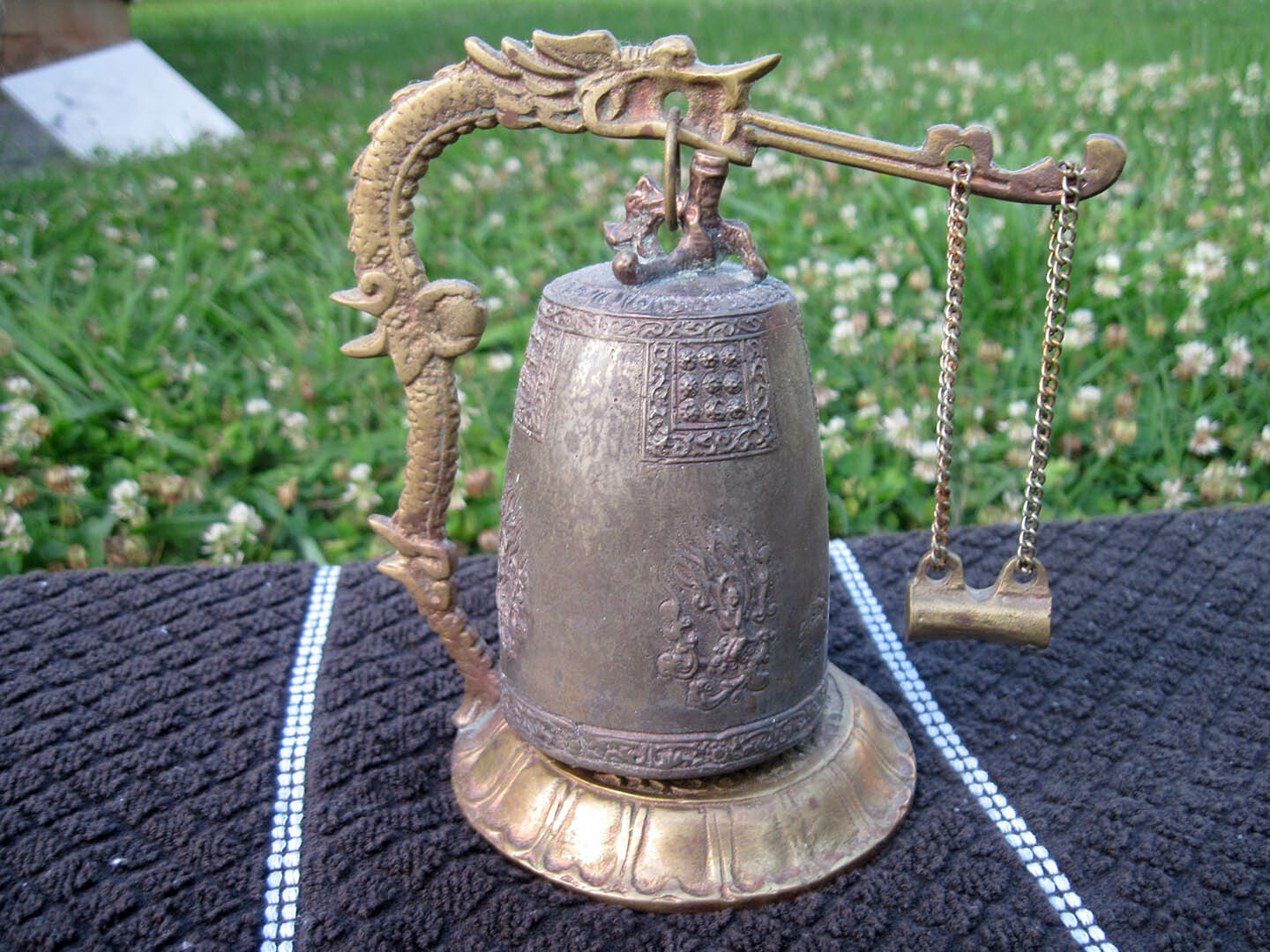 Vintage Asian / Oriental Bronze or Brass Dragon Bell w/ Swinging Hammer