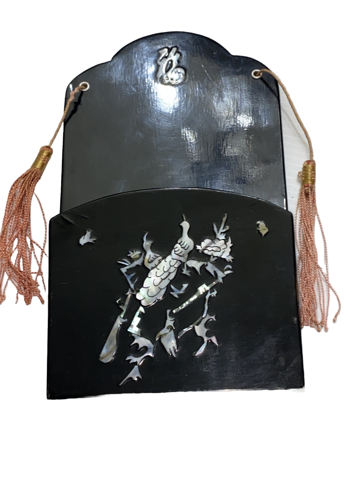 Vintage Mother Of Pearl Letter Holder Notes Oriental Style Black Wall Hanging