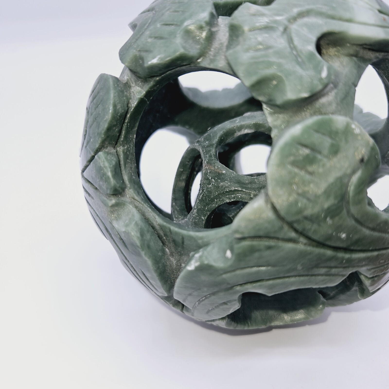 Vtg Chinese 3-Layer Hand Carved Green Stone Serpentine? Ball Sphere 4.5″ Floral