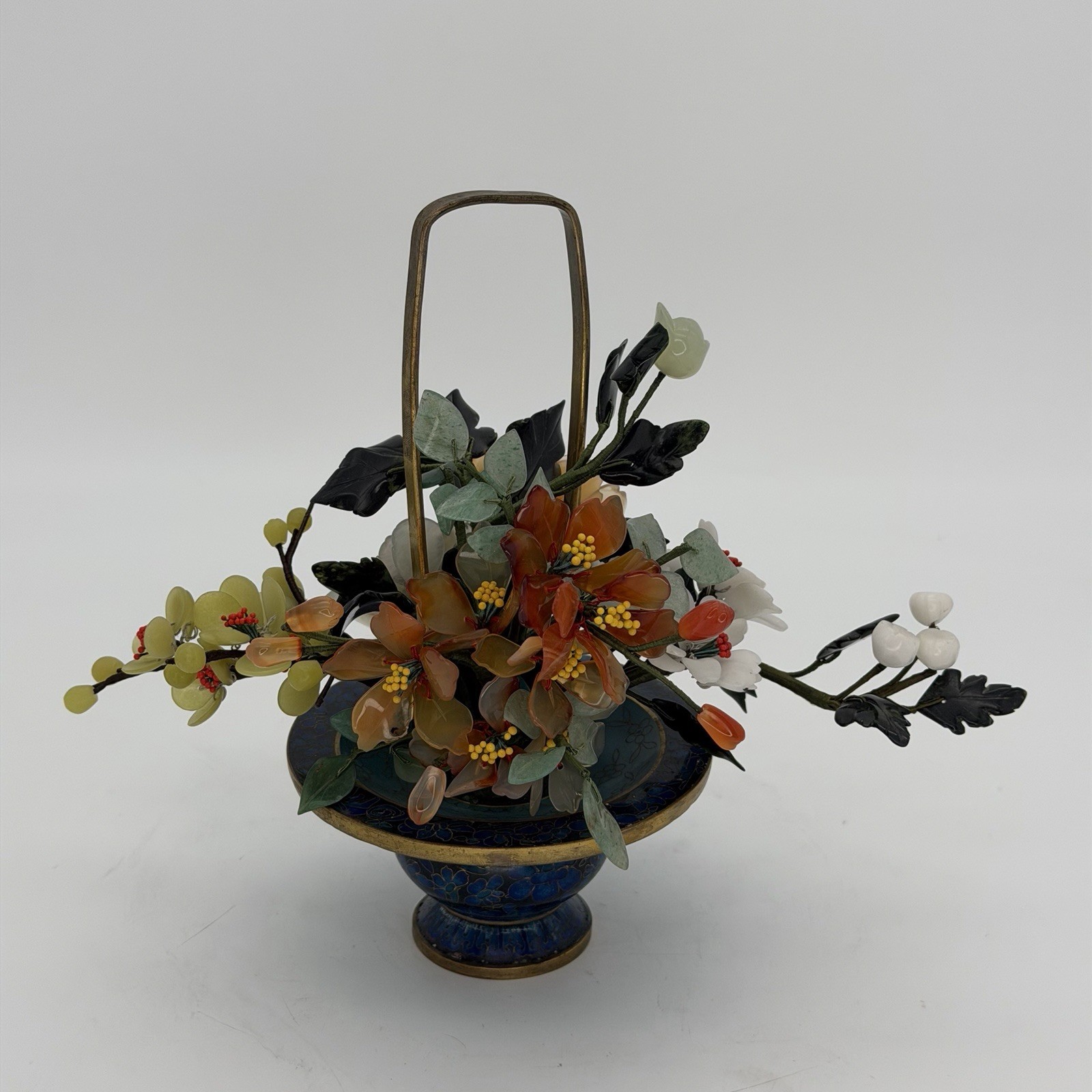 Vintage Jade Bonsai Tree Flowers Basket Cloisonné Pot 7.5” Brass Handle