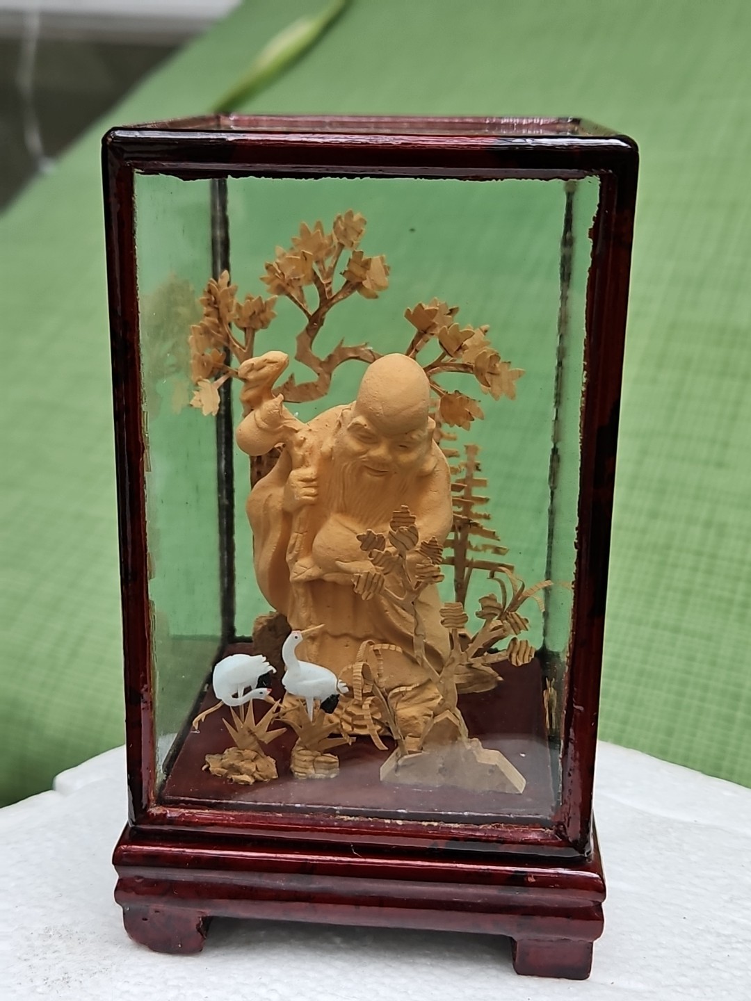 Chinese Cork Diorama Asian Crane Trees Vintage Art Carved Shou Xing Longevity 5″