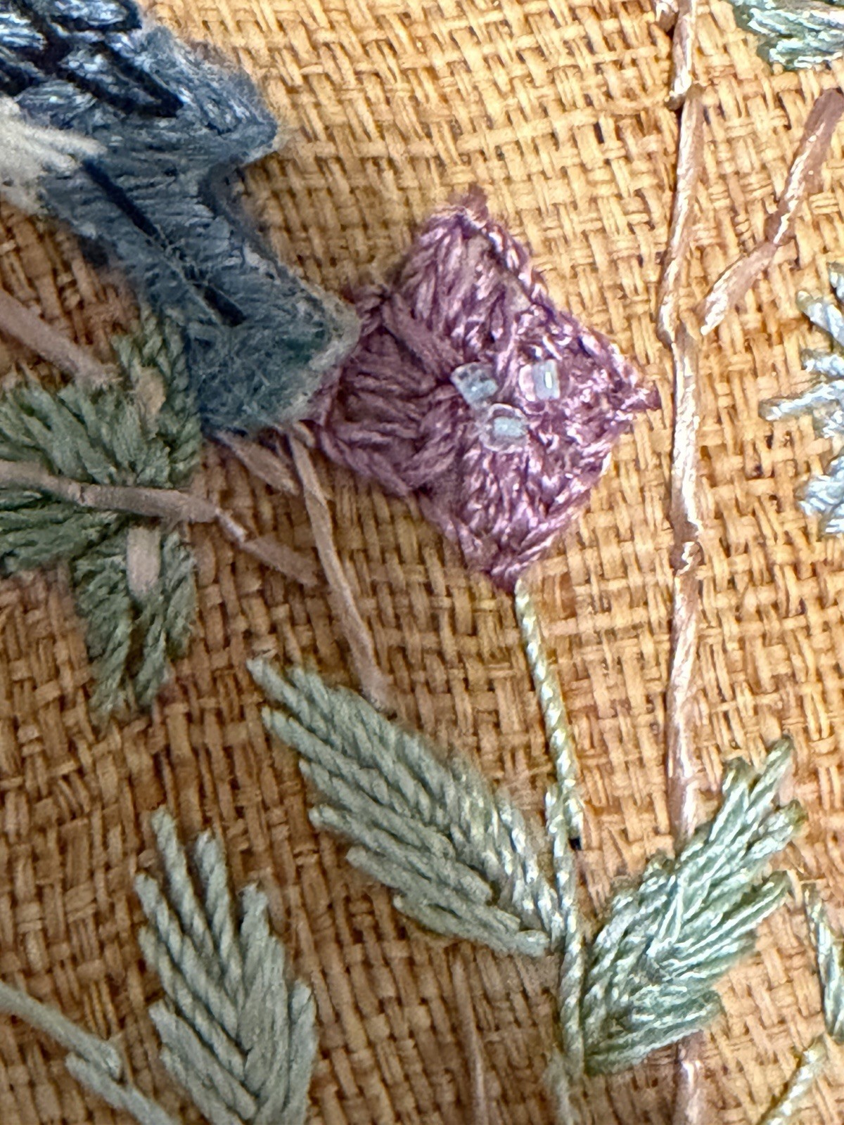 Antique Asian Embroidered Burlap Blue Bird Floral Panel 11″ Micro Bead Hemstitch