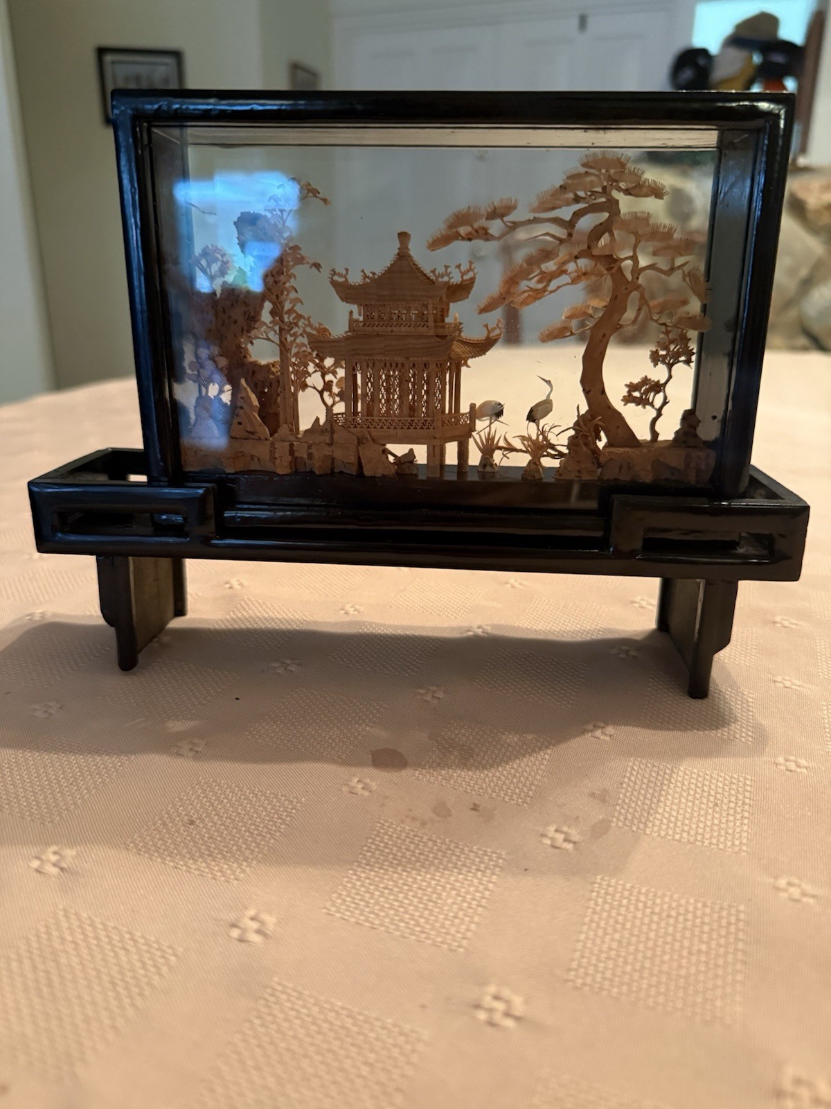Vintage Chinese San You Cork Art Hand Carved Diorama Pagoda Cranes Trees